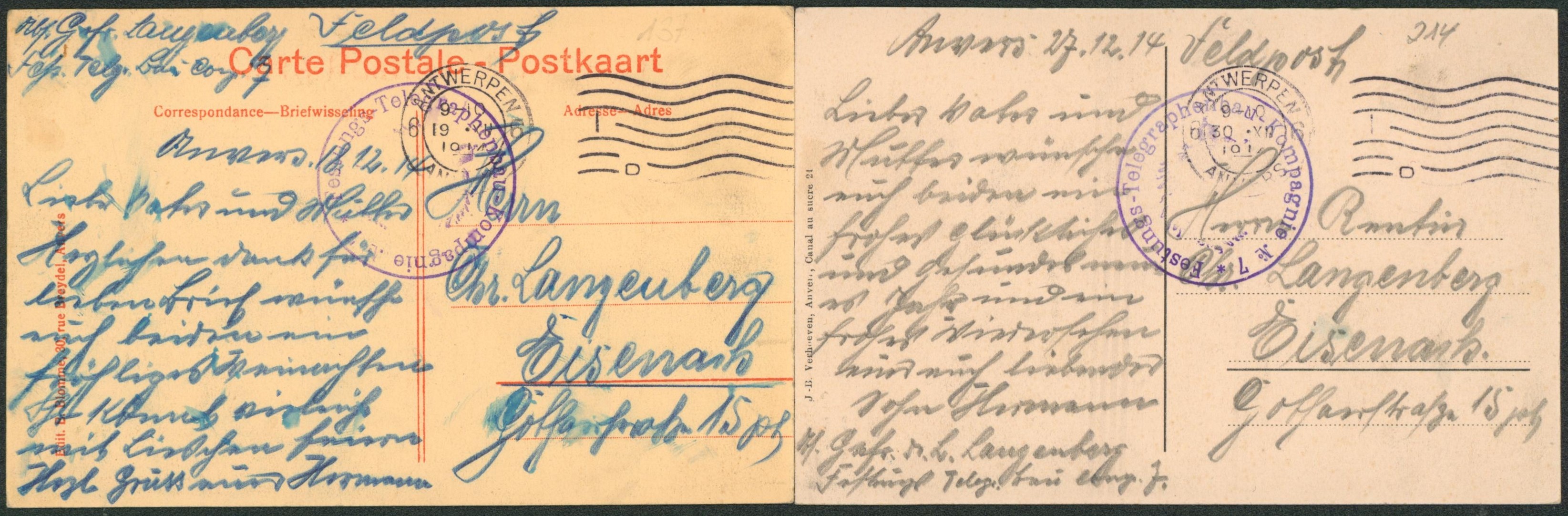 Lot de 2 CP en feldpost de Anvers / Antwerpen + briefstempel (Telegraphenbau-Kompagnie, Télégraphiste) > Allemagne