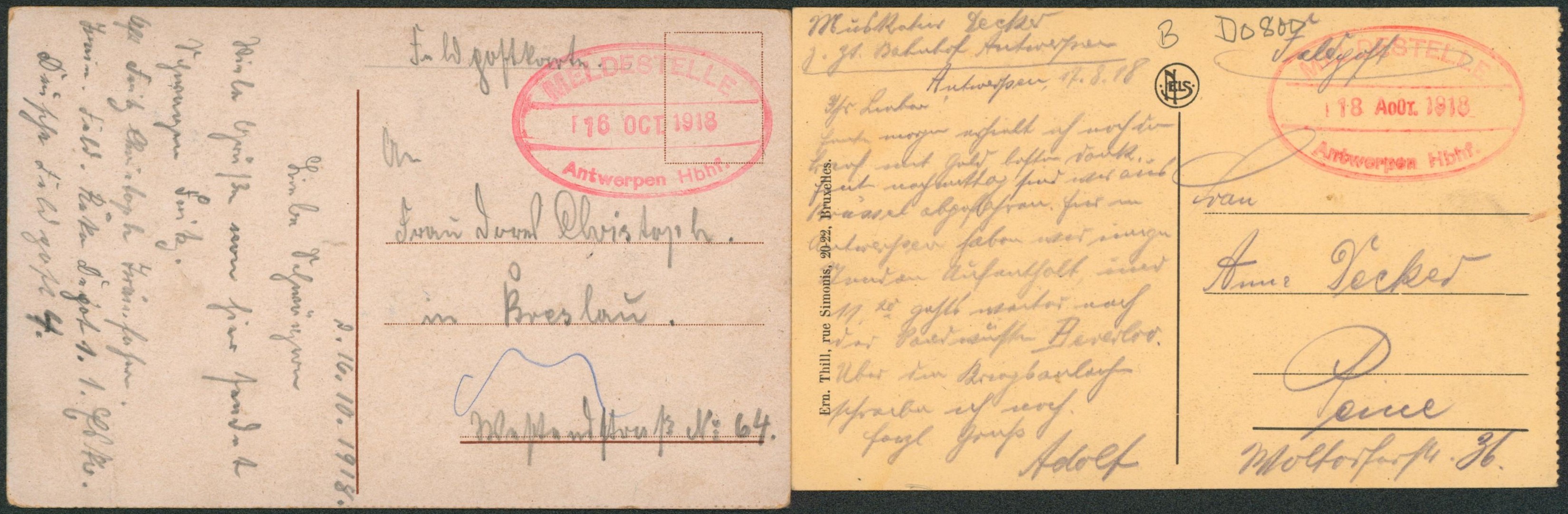 Lot de 2 CP en feldpost de Anvers / Antwerpen + cachet oval rouge "Meldestelle / Antwerpen Hbhf." > Allemagne