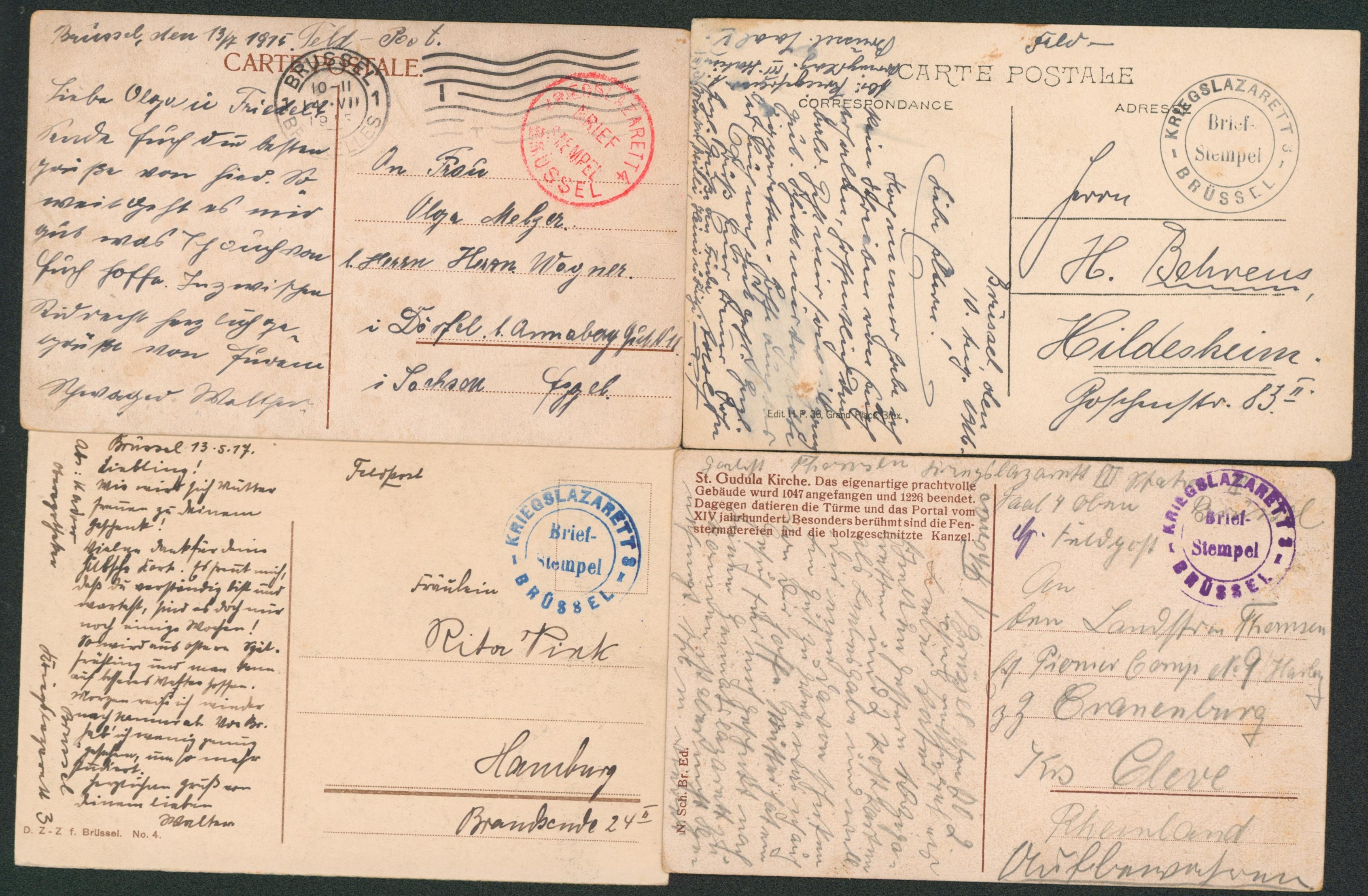 Ensemble de 4 CP en feldpost de Brussel / bruxelles + Briefstempel (Kriegslazarett, hopital, coloris différent) > Allemagne.