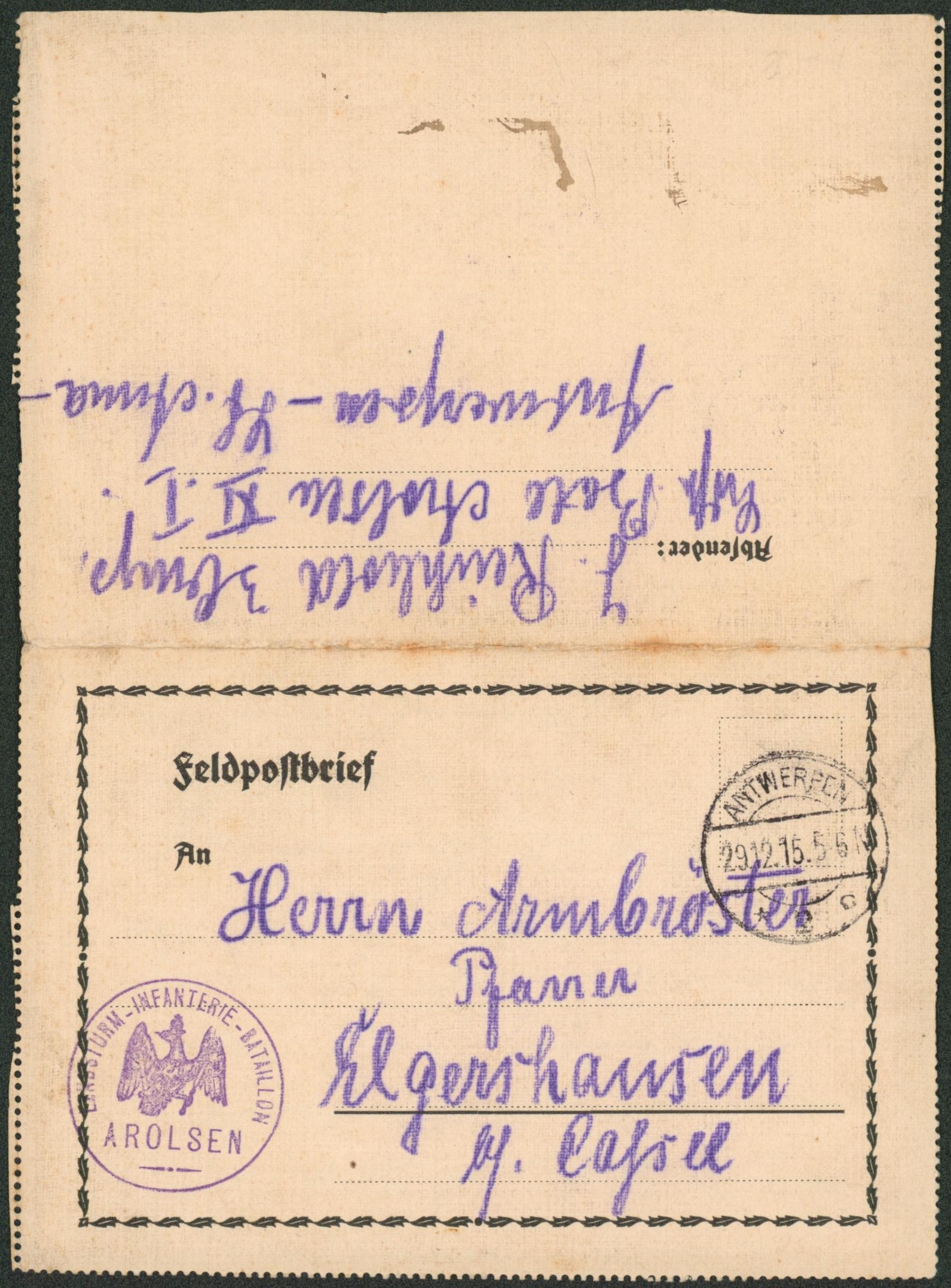Feldpostbrief illustré (Kriegsweihnachten in flandern / Noel) obl à pont Antwerpen + cachet de bataillon (aigle, Arolsen) > Cassel (Allemagne)