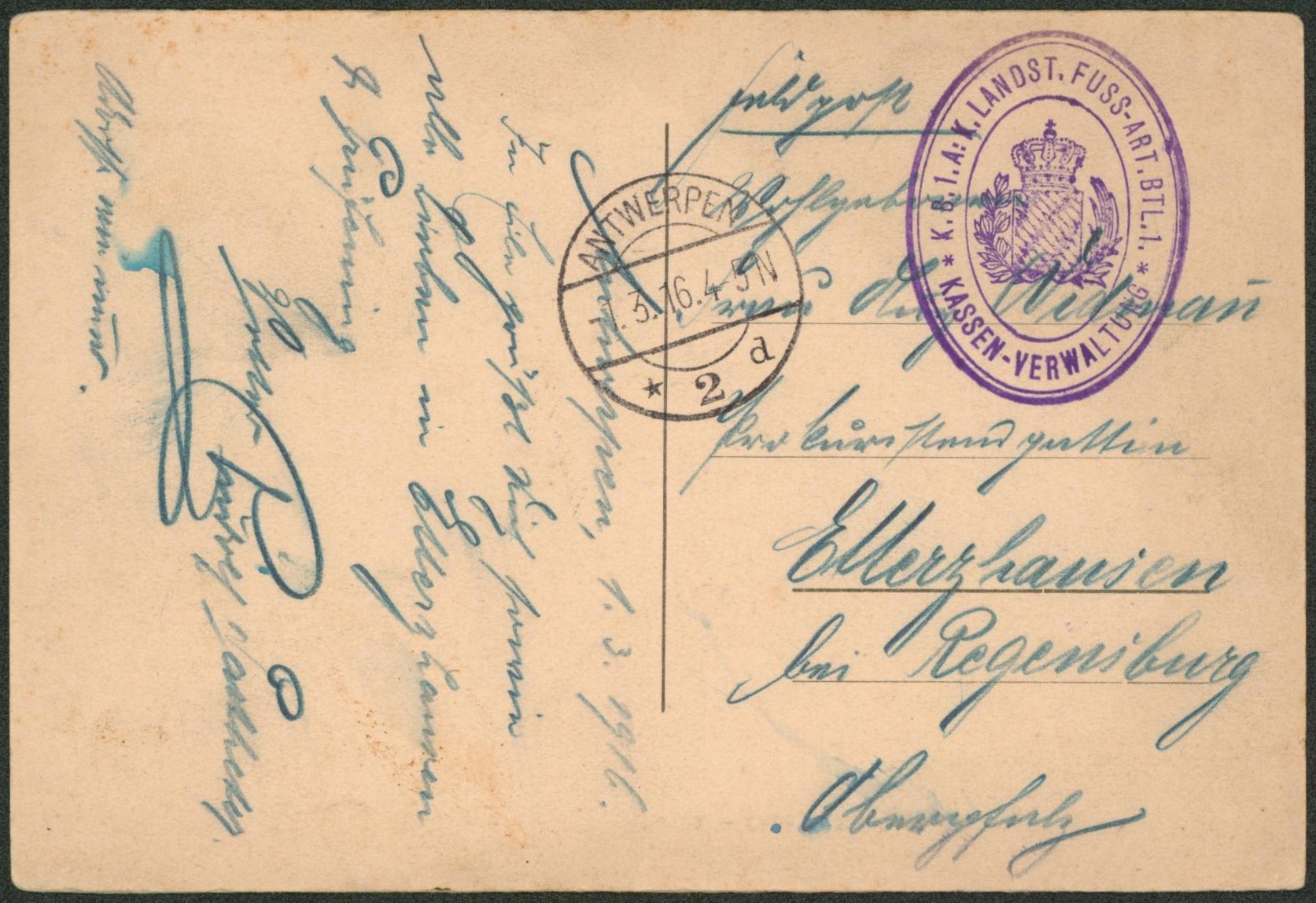 CP en feldpost + cachet à pont "Antwerpen" et grand cachet avec armoiries (Kassen-Verwaltung) > Allemagne