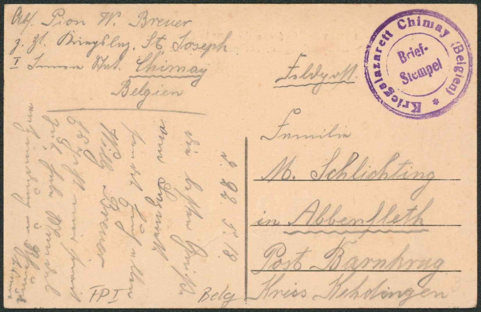 CP en feldpost + Briefstempel "Krieglazarett Chimay (belgien)" (Hopital) > Allemagne. TB