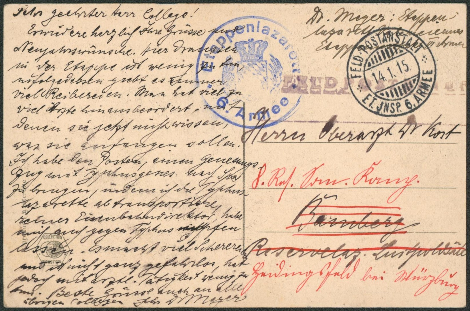 CP en feldpost + cachet avec armoiries "EtappenLazarett / 6. armée" (Hopital) > Allemagne, redirigé.