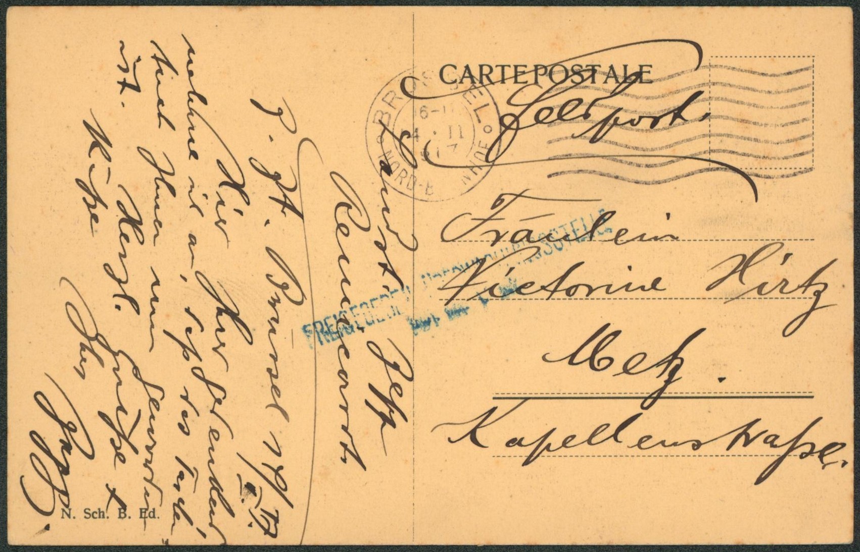 CP en feldpost (daté de Remicourt) + grande griffe bleue (2 lignes) > Metz