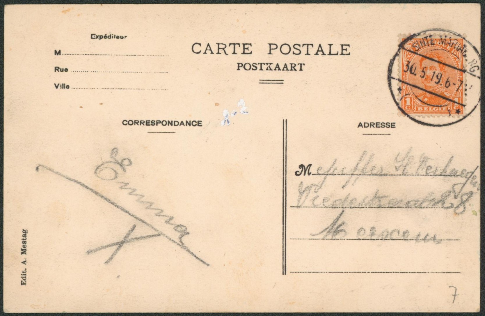 n°135 sur CP obl à pont (fortune) "Sinte-Mariaburg" > Merxem