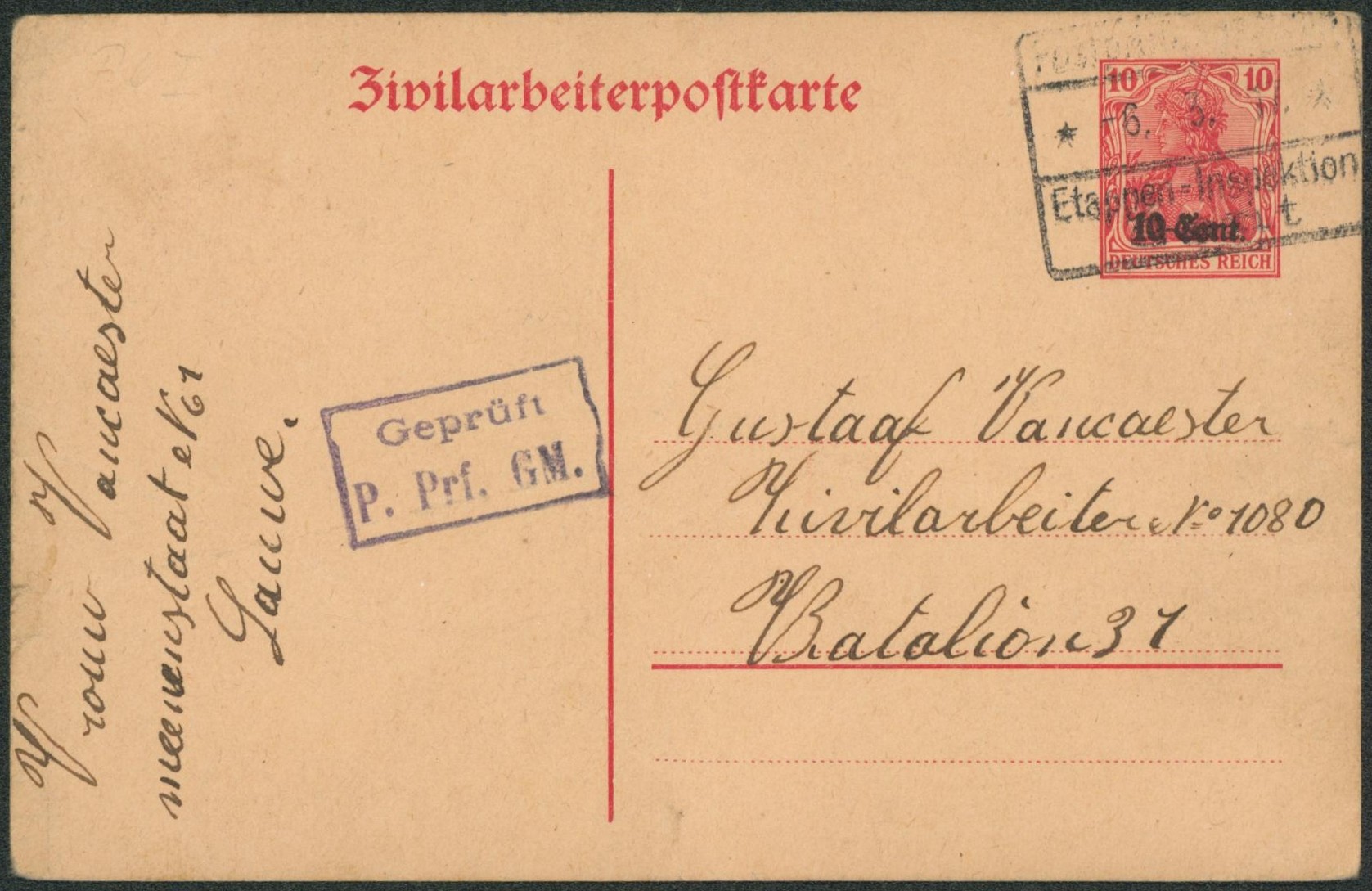 Zivilarbeiterpostkarte type 10C rouge grand cachet Etappen-inspektion Gent (Origine Lauwe) > 37e bataillon.