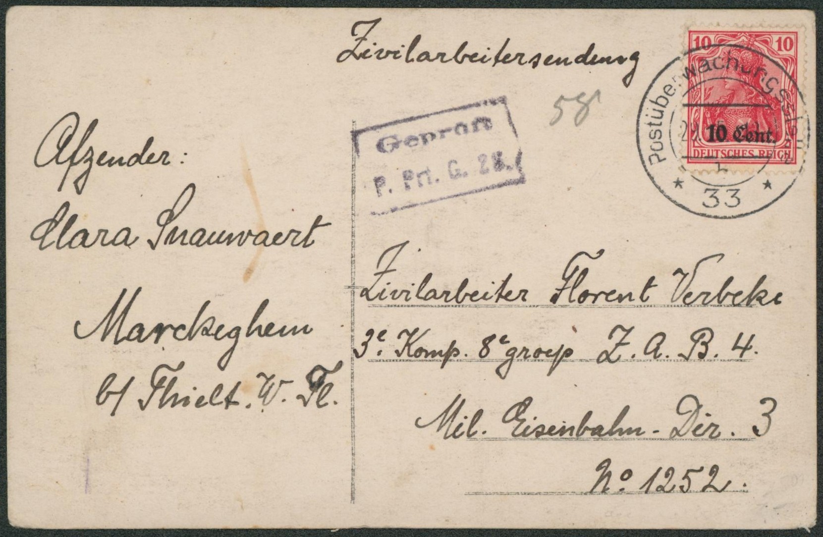 Carte photo + Manuscrit "Zivilarbeitersendung" obl DC "Postuberwachungstelle" > Div. 3 n°1252