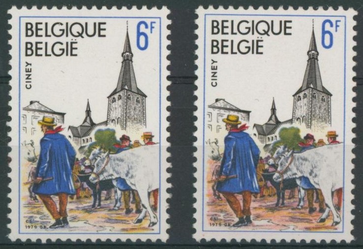 n°1950 (Ciney)** neuf sans charnières (MNH) + CU : fond rose. Normal à côté pour comparaison. R !