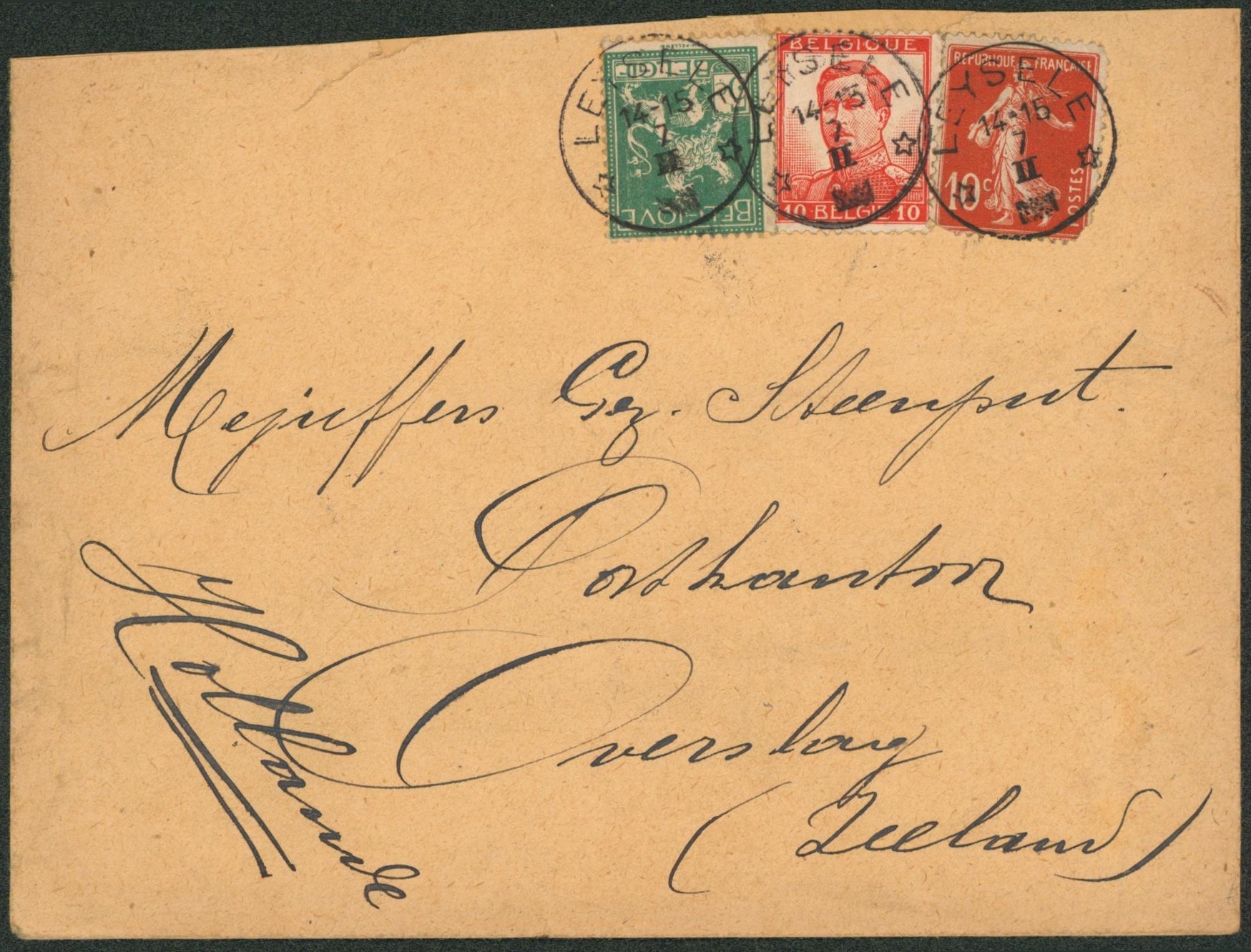 Affranch. Mixte (Belgique / France) sur lettre obl relais "Leysele" (1915) > Overslag (Hollande)