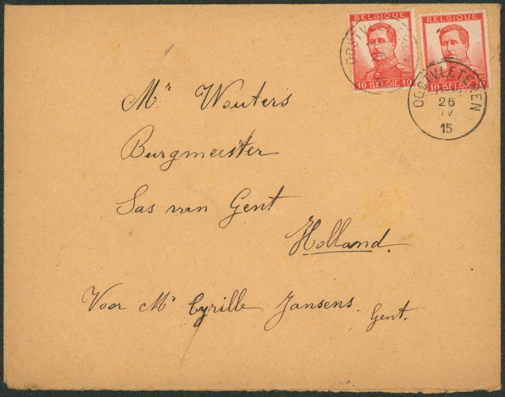 Pellens - 10ctm x2 sur lettre obl simple cercle "Oostvleteren" (Zone non envahie) > Sas van gent (Hollande)