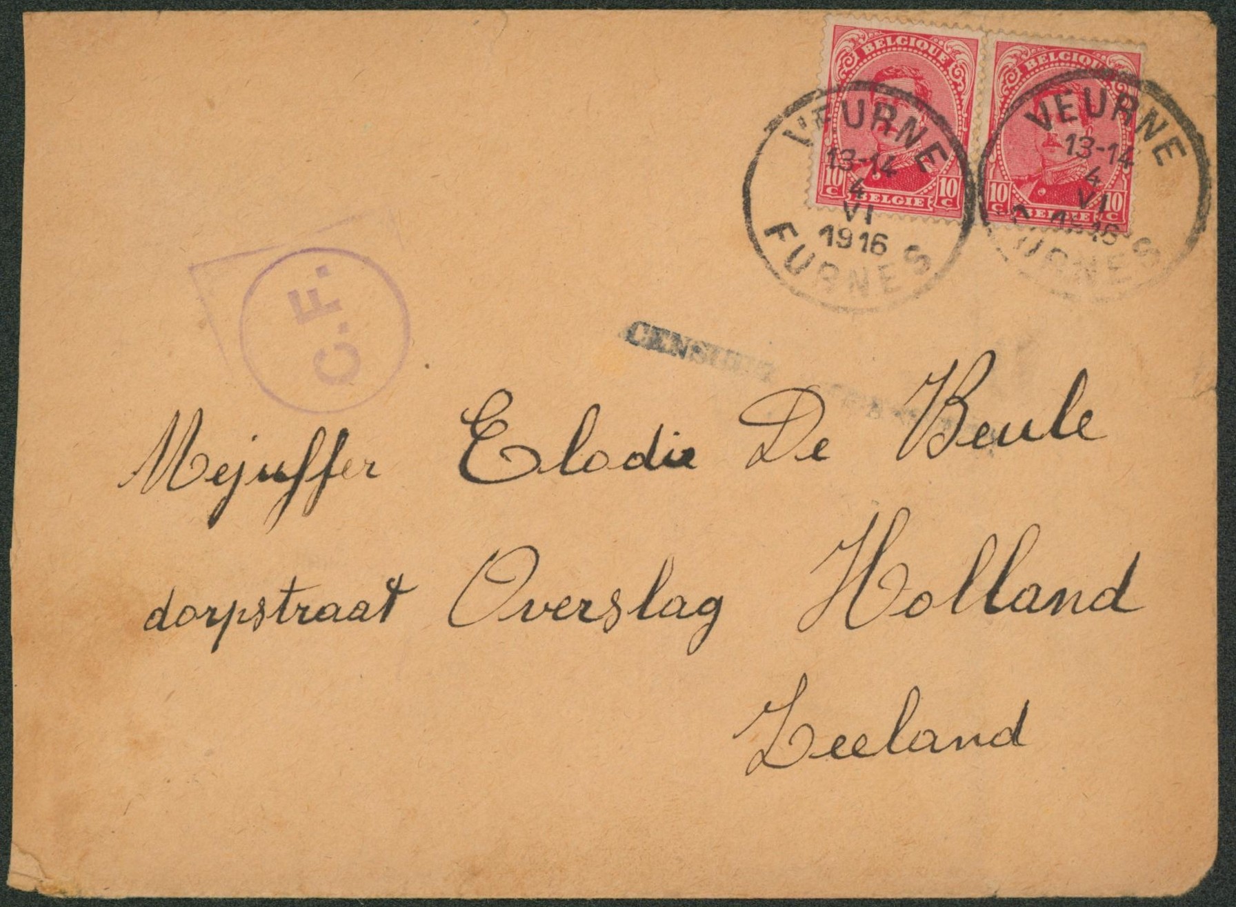n°138 x2 sur lettre obl bilingue "Veurne / Furnes" + censuur gepasseerd et C.F. (Folkestone) > Overslag (Hollande)