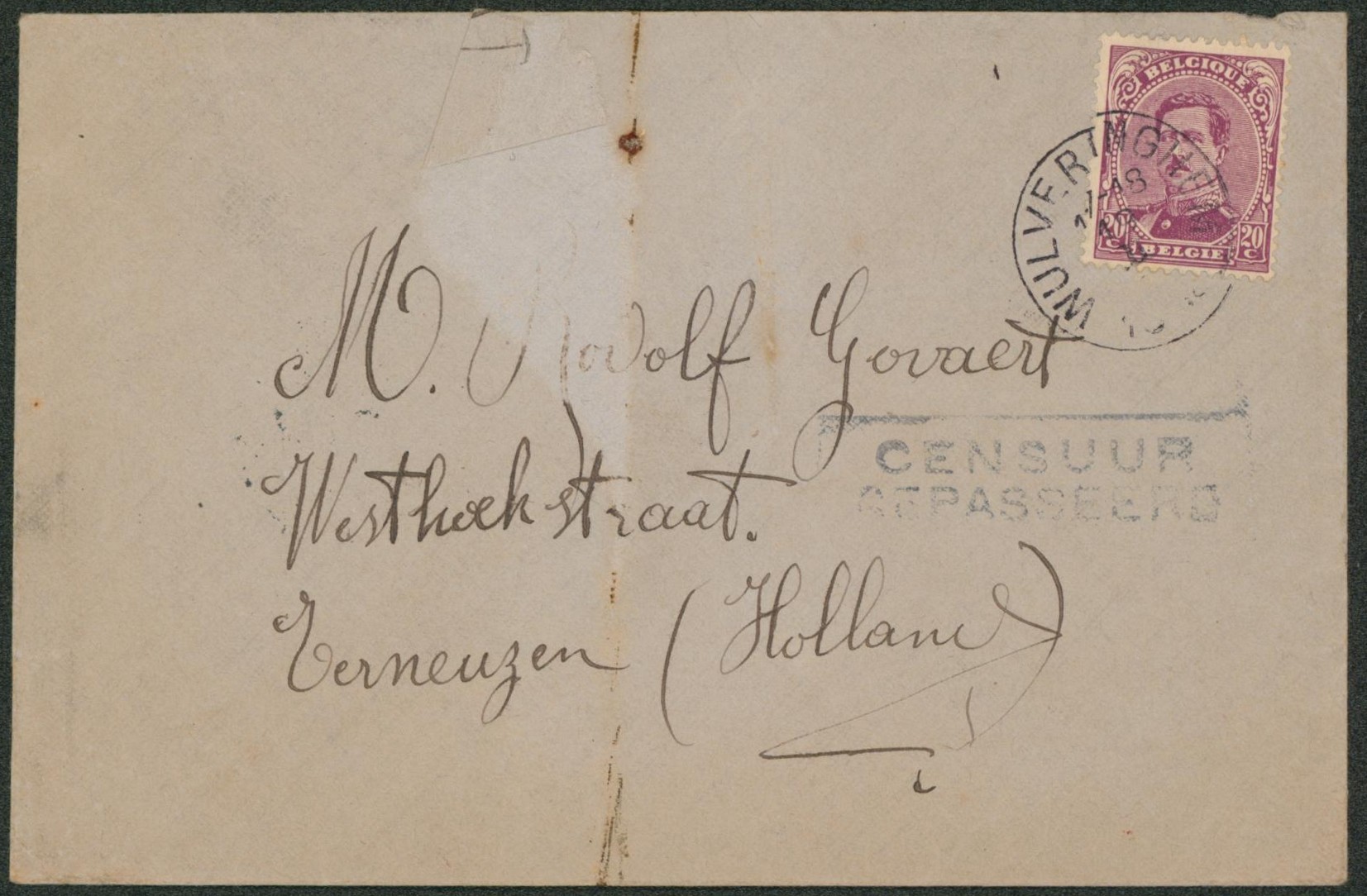 n°140 sur lettre obl simple cercle "Wulveringhem" (Zone non envahie) > Terneuzen (Hollande).