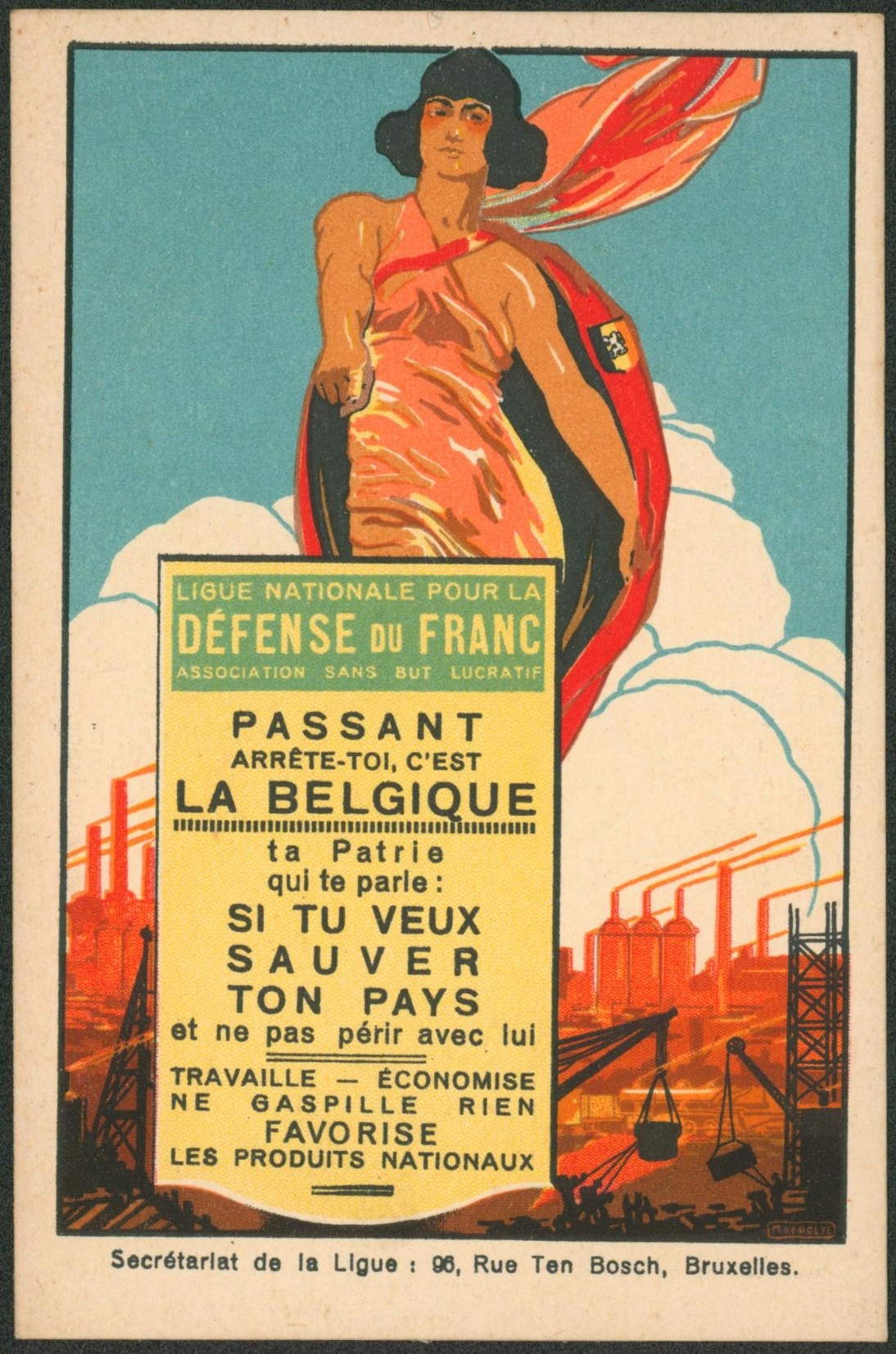 Carte postale - ligue nationale pour la défense du franc, passant arrête toi c'est la Belgique.