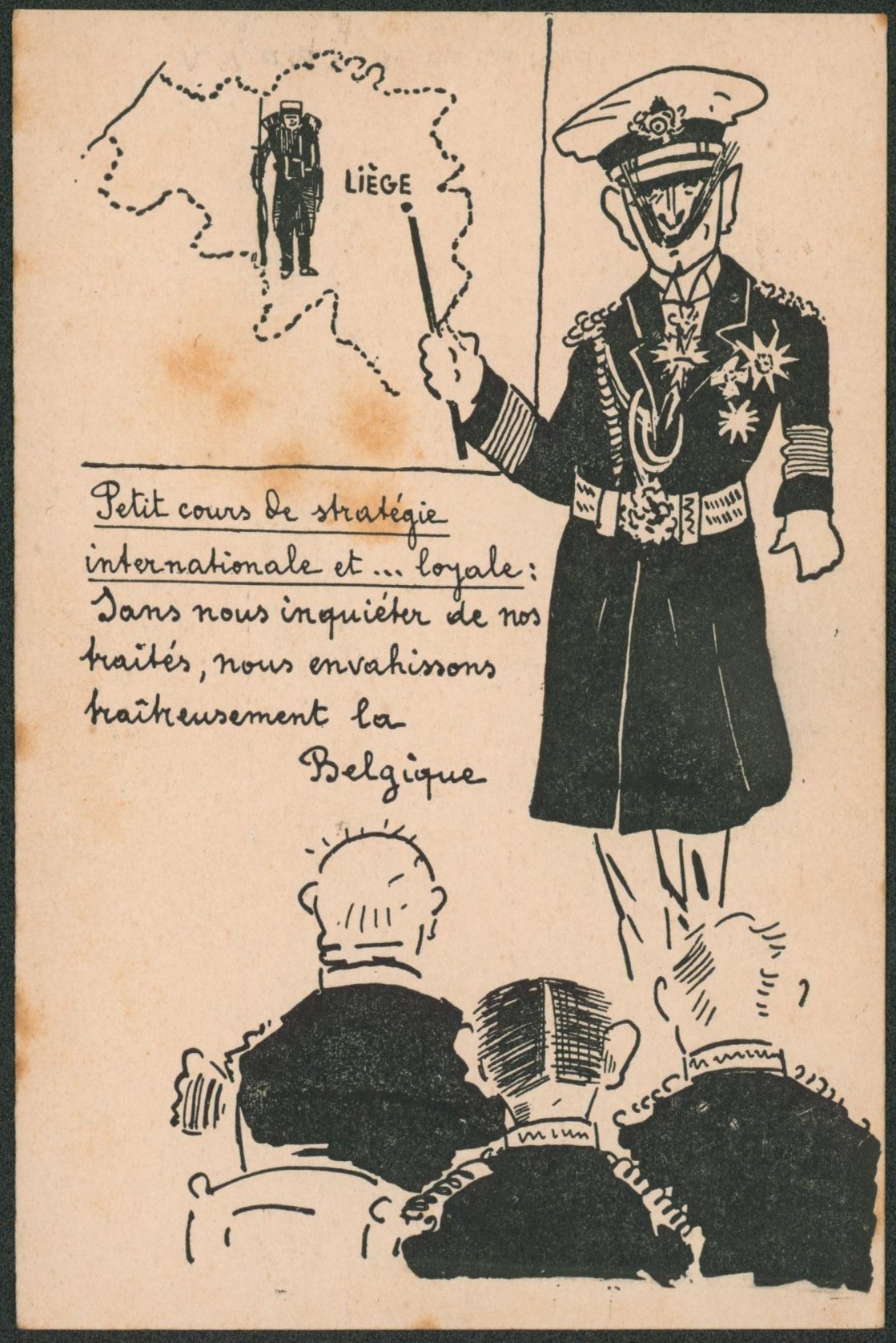 Carte postale satirique (WWII) - Petit cours de stratégie internationale, Liège / imprimé à Paris.