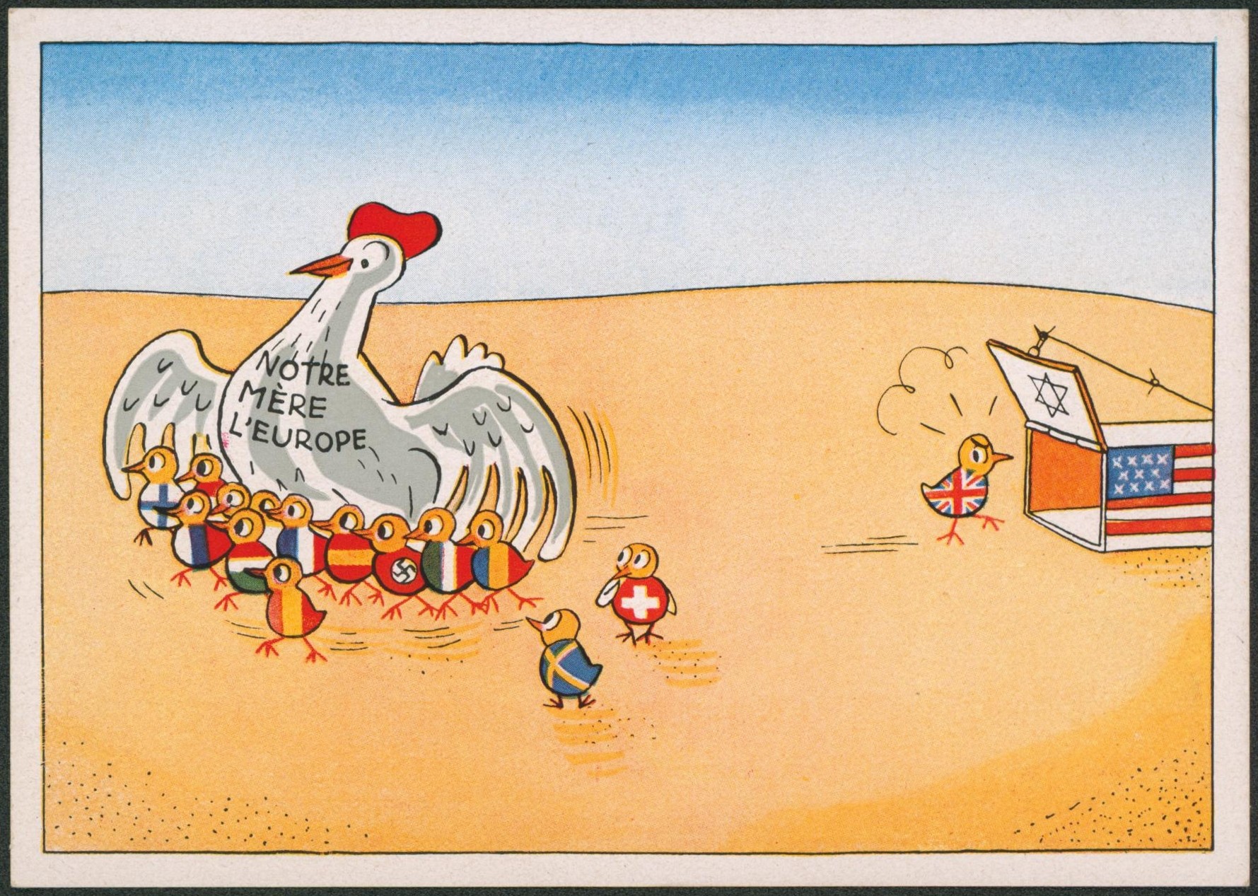 Carte de propagande anti-américain - Notre mère l'europe / Poule, poussin.