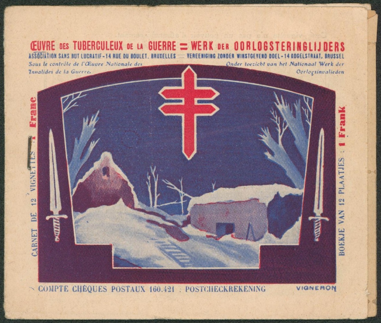 Erinnophilie - carnet de vignettes antituberculeux "œuvre des tuberculeux de la guerre" x12 (complet, Imp. Bruxelles). TB