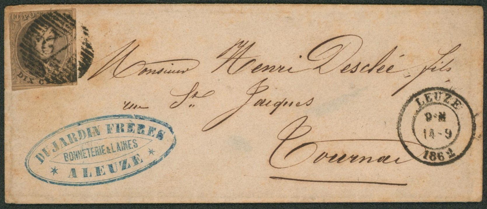 Médaillon - n°10 sur lettre obl P72 çàd Leuze + cachet privé (Bonneterie & laines) > Tournai.