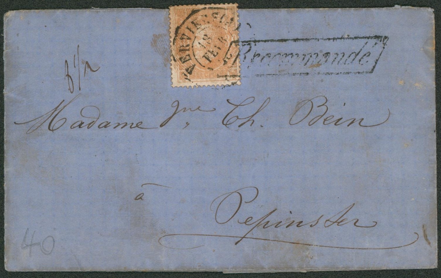 n°33 sur LSC obl double cercle "Verviers" + griffe encadrée RECOMMANDE > Pepinster + Passage "Est 2"