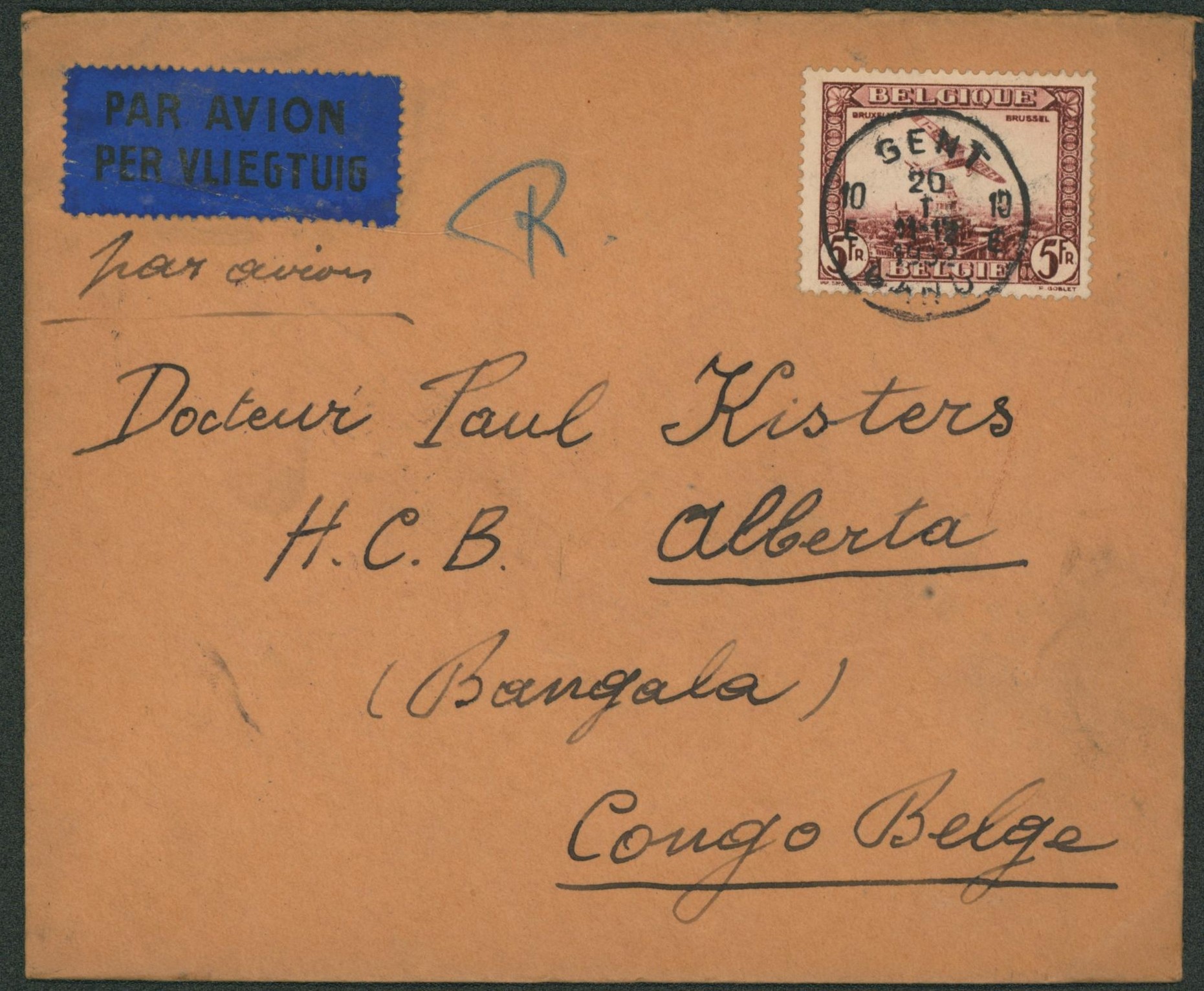 PA4 sur lettre par avion de Gent / Gand > Alberta (Congo Belge, bangala) / vignettes au verso.