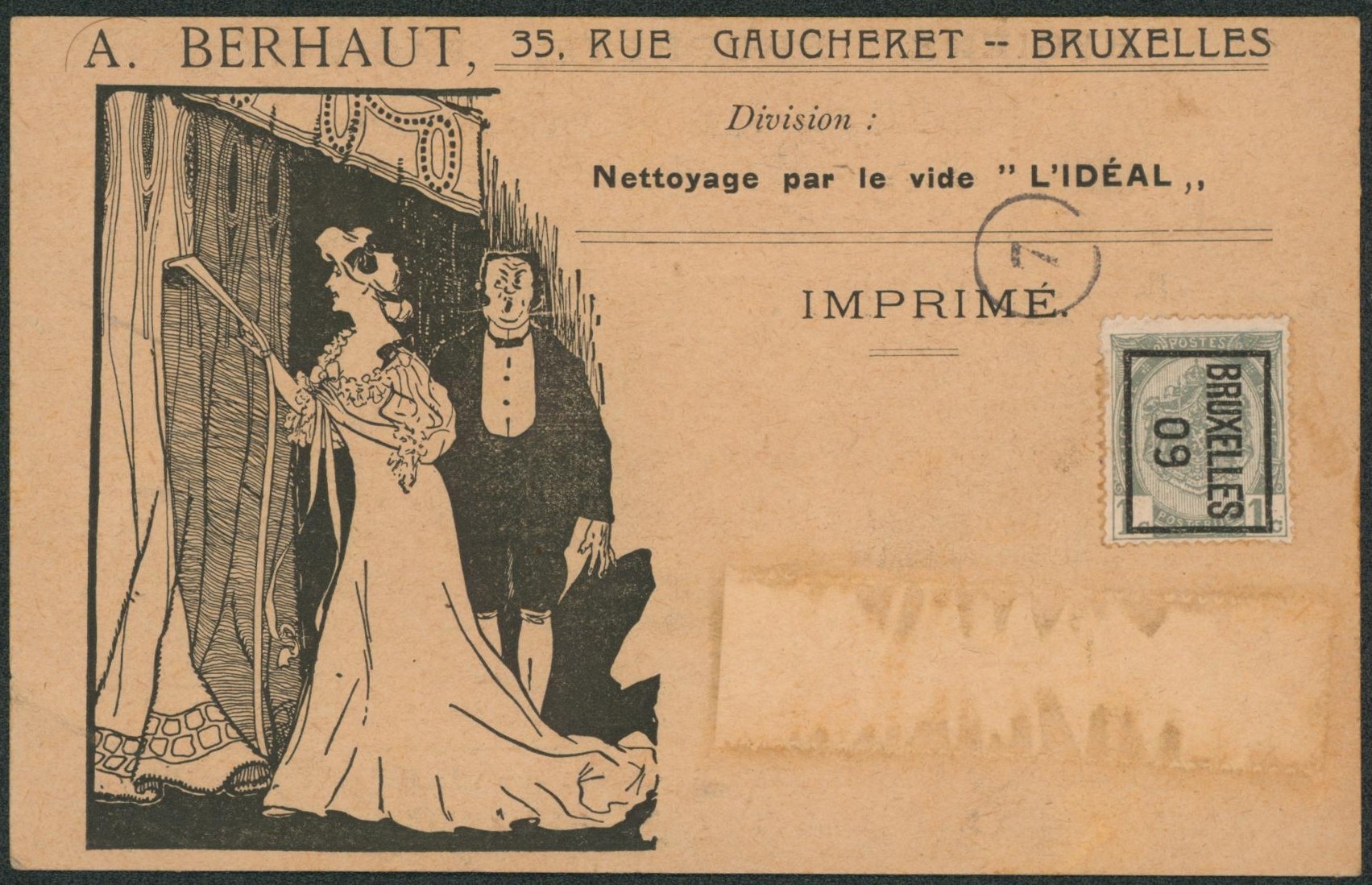 n°81 préo BRUXELLES 09 sur CP imprimé (L'idéal, nettoyage par le vide) > adresse manquante