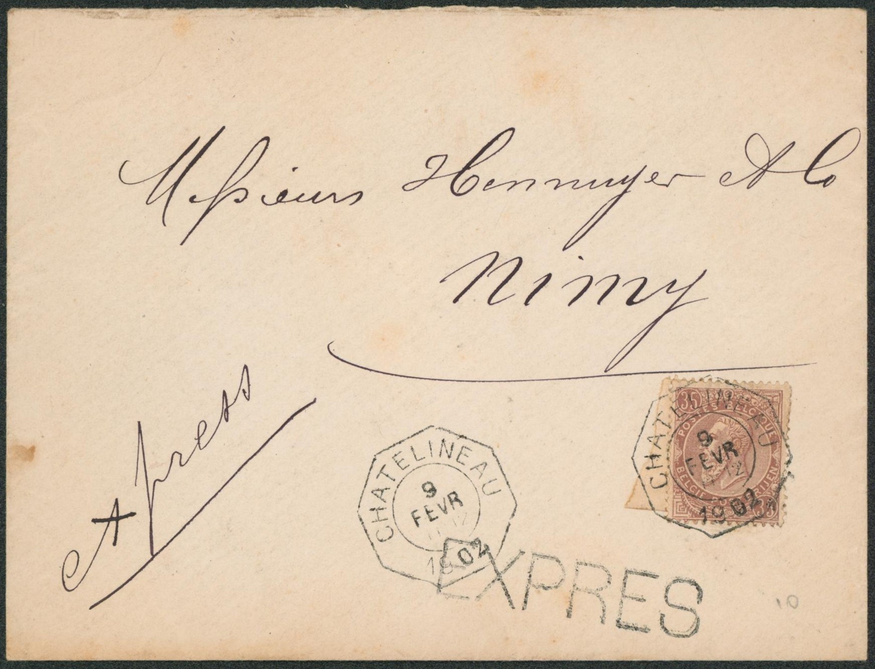 n°61 sur lettre en expres obl télégraphique "Chatelineau" > Nimy