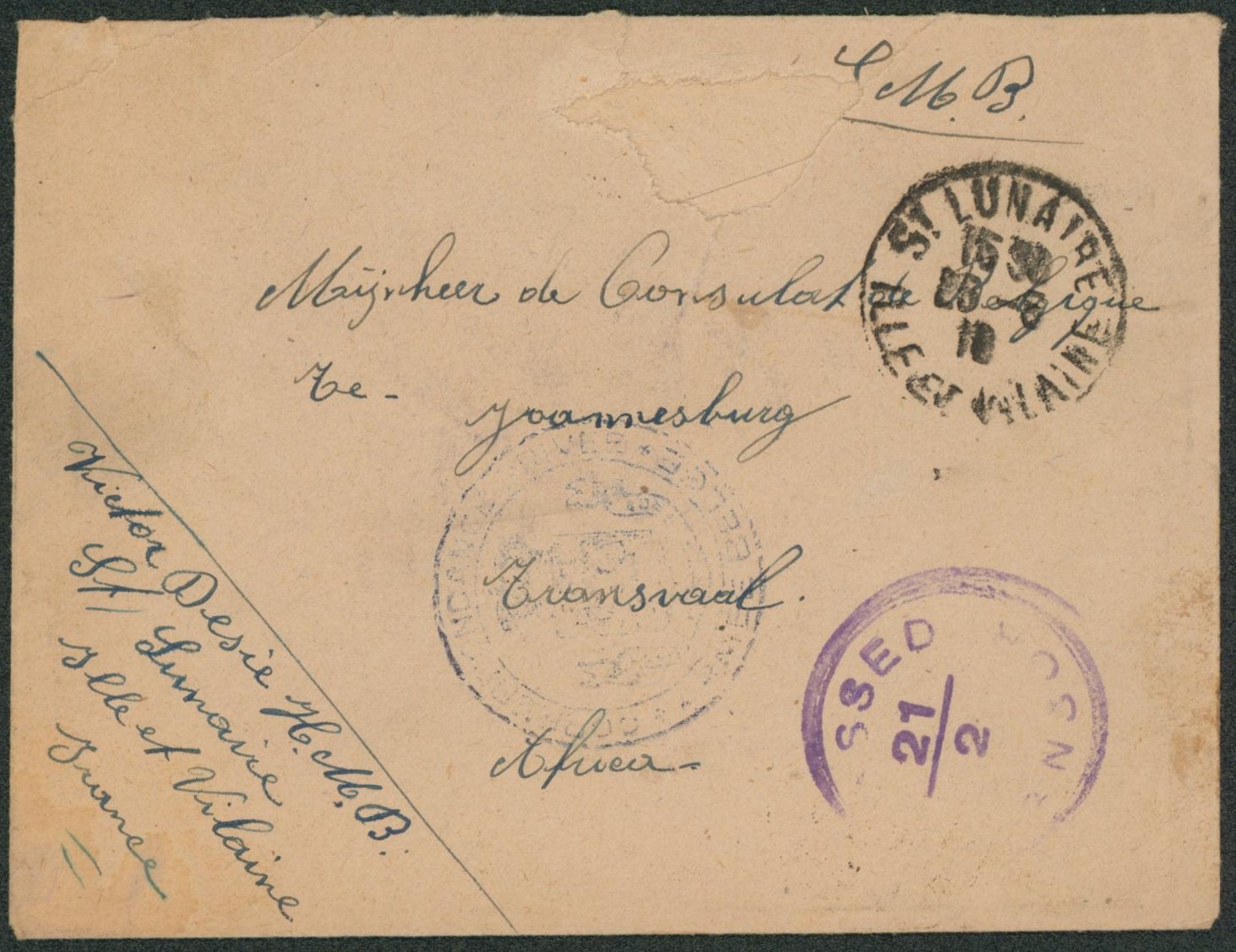 Petite enveloppe en S.M.B. expédiée de Ille et vilaine (France, état ! ) > Joannesburg (Transvaal) + censure / Correspondance privée