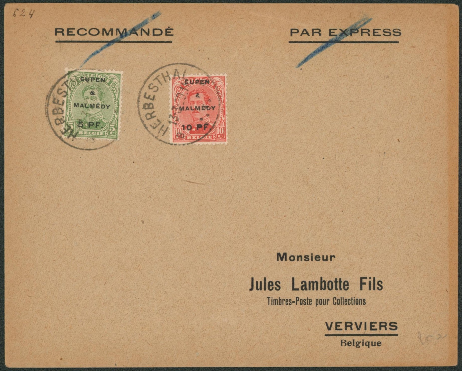 OC55/56 sur lettre (recommandé & expres biffé) de Herbesthal > Verviers / Canton de l'est.
