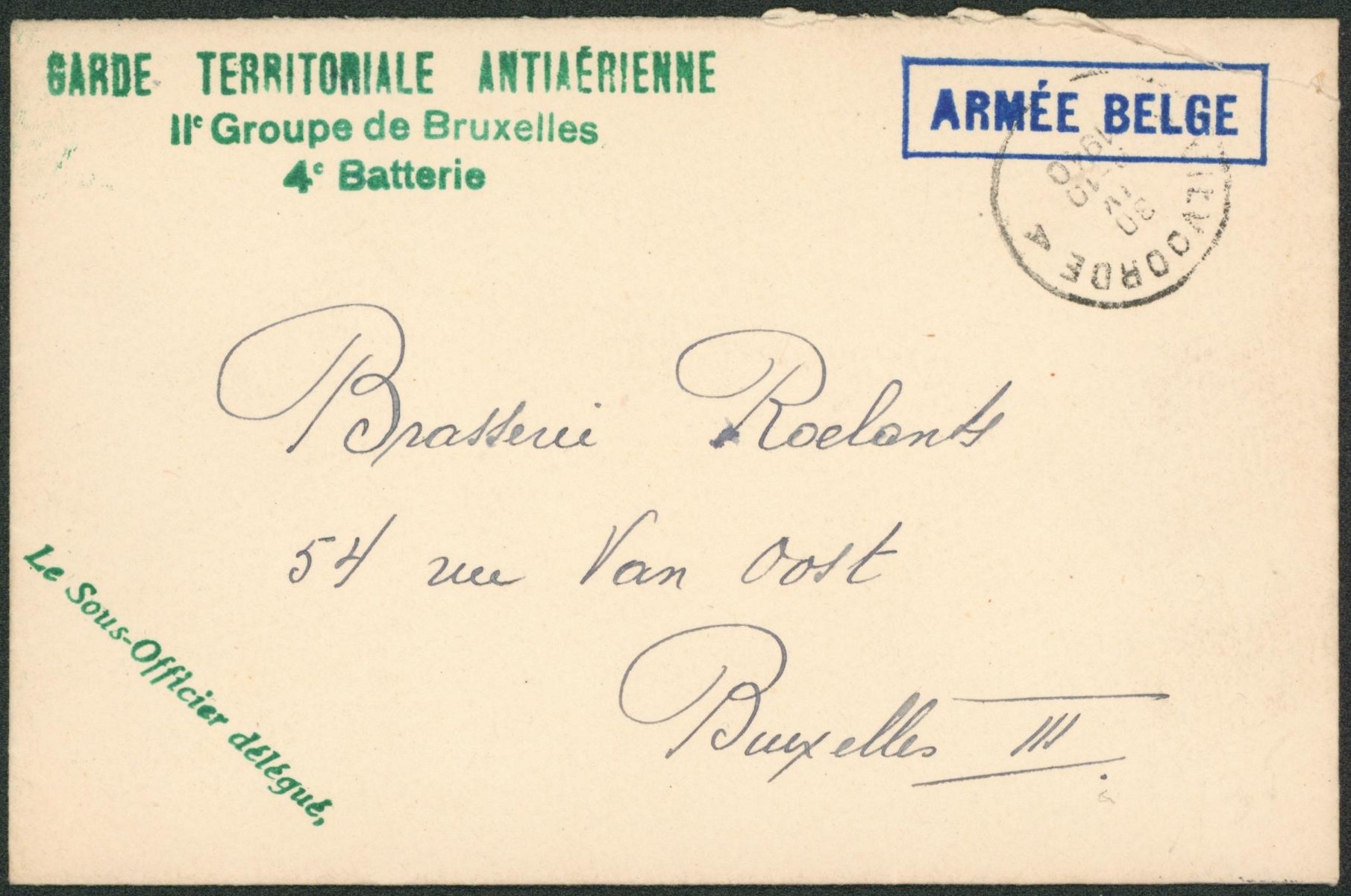 WWII - Lettre avec griffe de régiment "Garde territoriale antiaérienne" (Bruxelles, armée Belge) expédié de Vilvoorde > Bruxelles