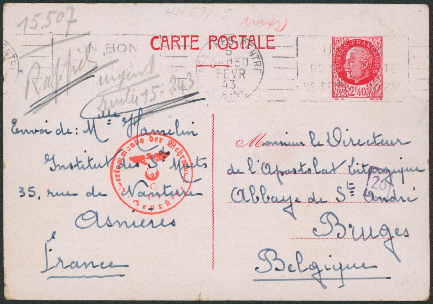 France - EP au type 2F40 rouge Pétain expédié de Asnières + censure allemande > Bruges (Abbaye St-André, Belgique).
