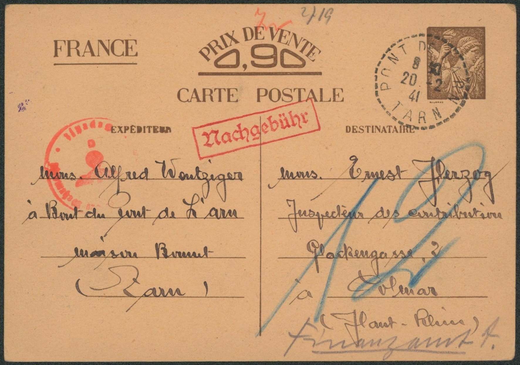 France - EP au type 0,90ctm IRIS expédié de Pont de tarn > Colmar + censure allemande et griffe encadrée.