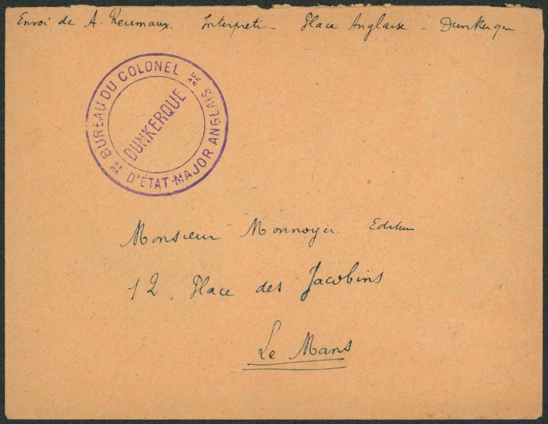 France - Lettre en F.M. + cachet "Bureau du colonel d'état major anglais / Dunkerque" > Le mans