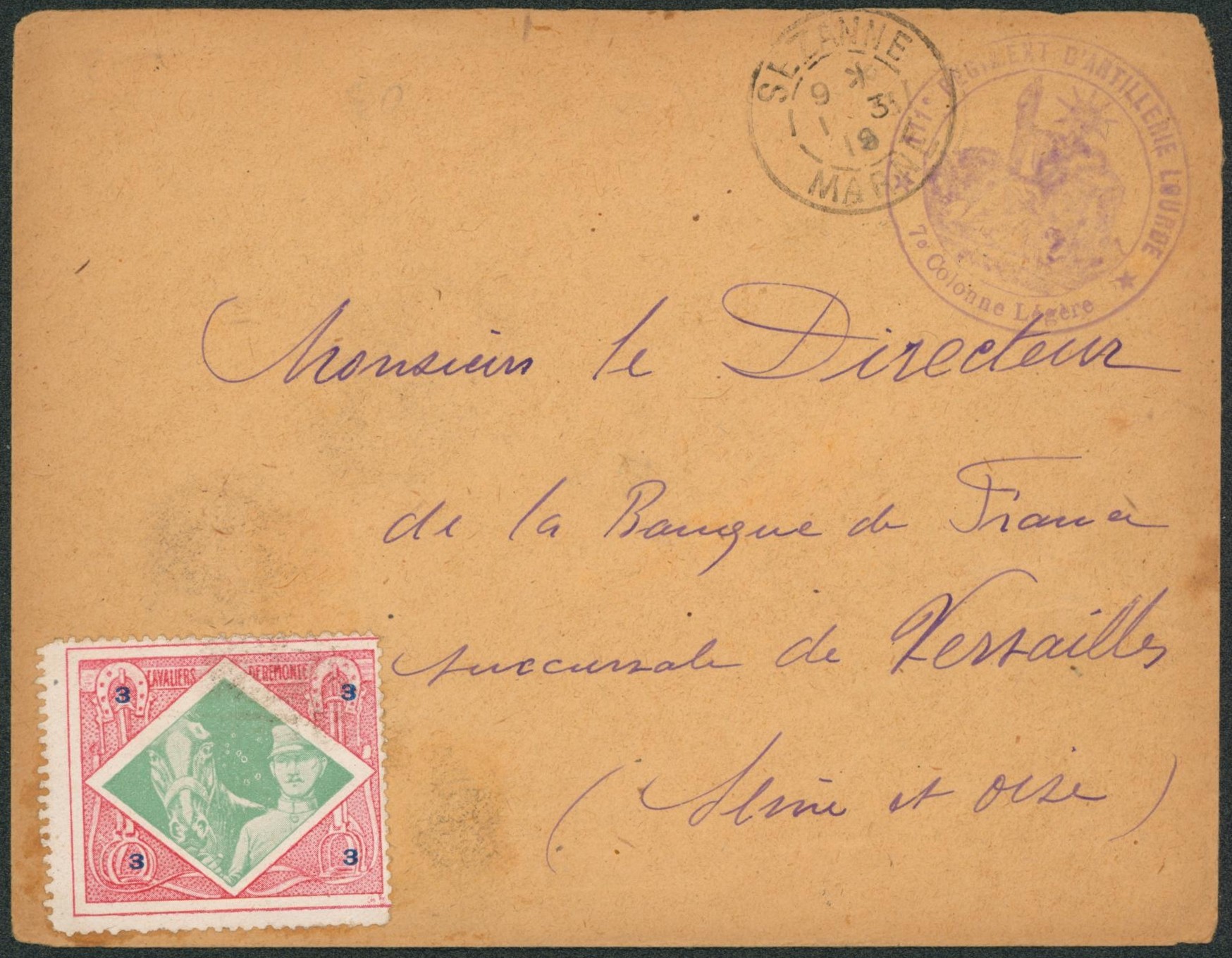 France - Lettre en F.M. expédiée de Sezanne + cachet de régiment et vignette "Cavaliers" > Versailles