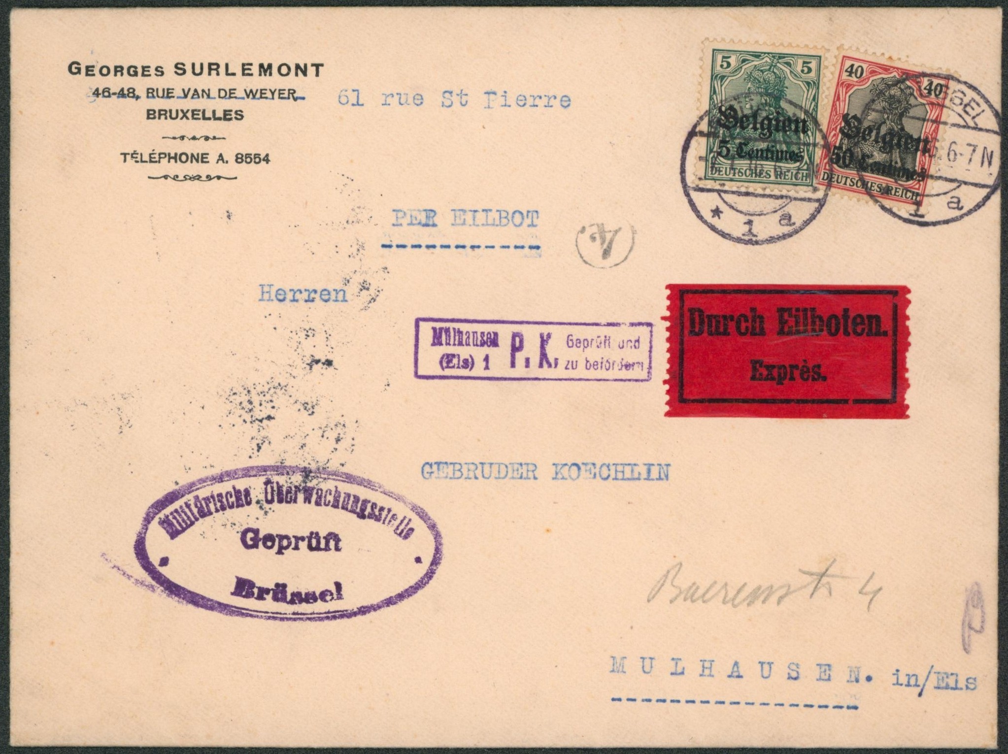 OC2 et OC5 sur lettre en expres de Brussel > Mulhausen + censure P.K. mulhausen