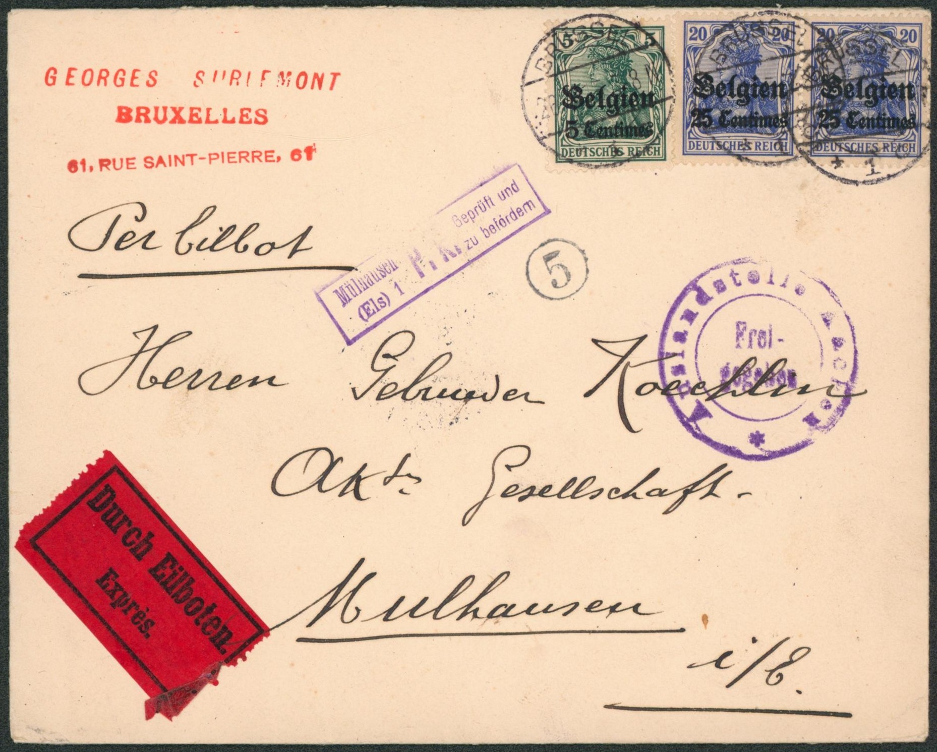 OC2 et OC4 sur lettre en expres de Brussel > Mulhausen + censure P.K. mulhausen
