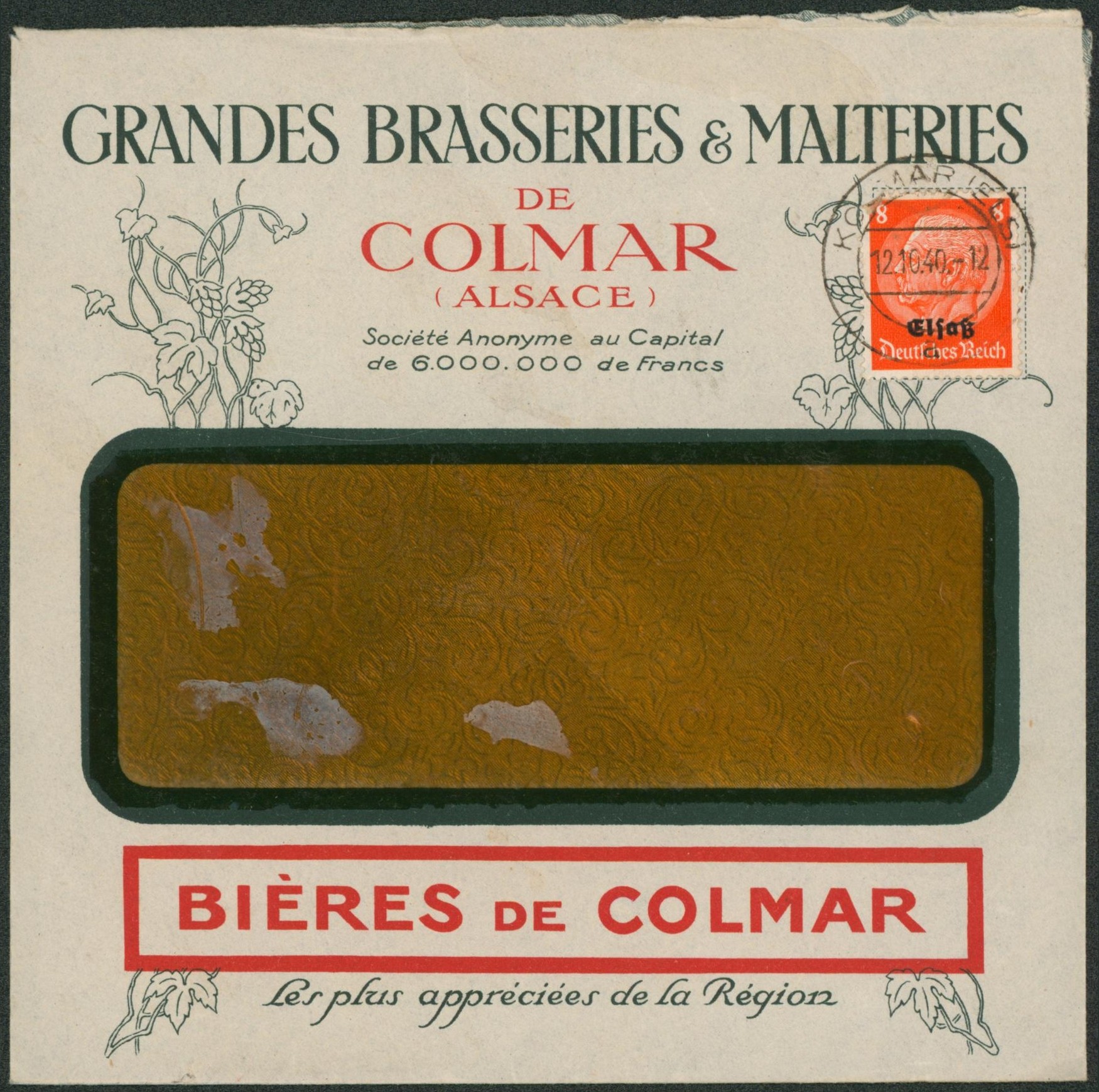 Alsace-Lorraine - Hindenburg surchargé n°12 sur lettre décorée (Grande brasseries & malteires de Colmar) expédié de Kolmar > fenêtre