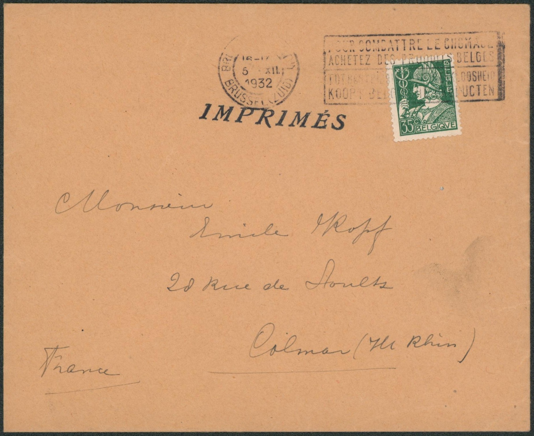 n°340 sur lettre imprimé expédié de Bruxelles > Colmar