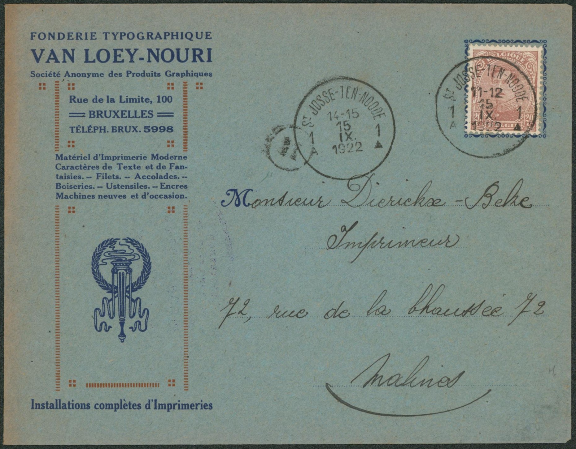 n°140 sur lettre à en-tête (fonderie) expédié de St-Josse-Ten-Noode > Malines