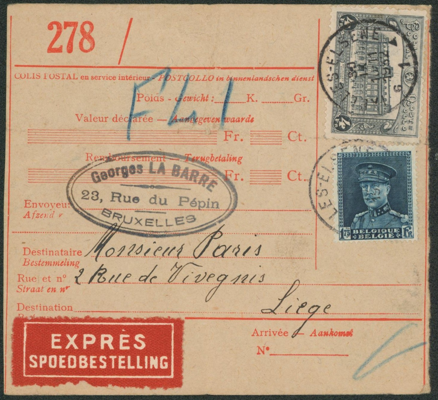 Affranch. Mixte (Képi) sur colis postal en expres de Ixelles-Elsene > Liège