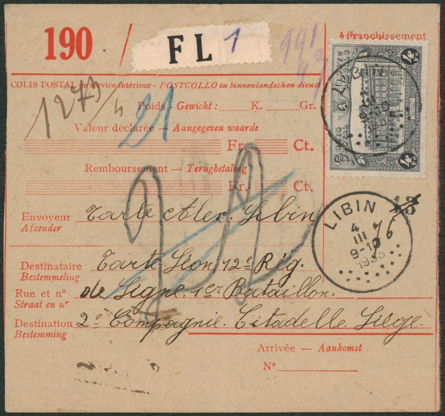 TR171 sur colis postal pour militaire expédié de Libin > 2e compagnie, citadelle de liège