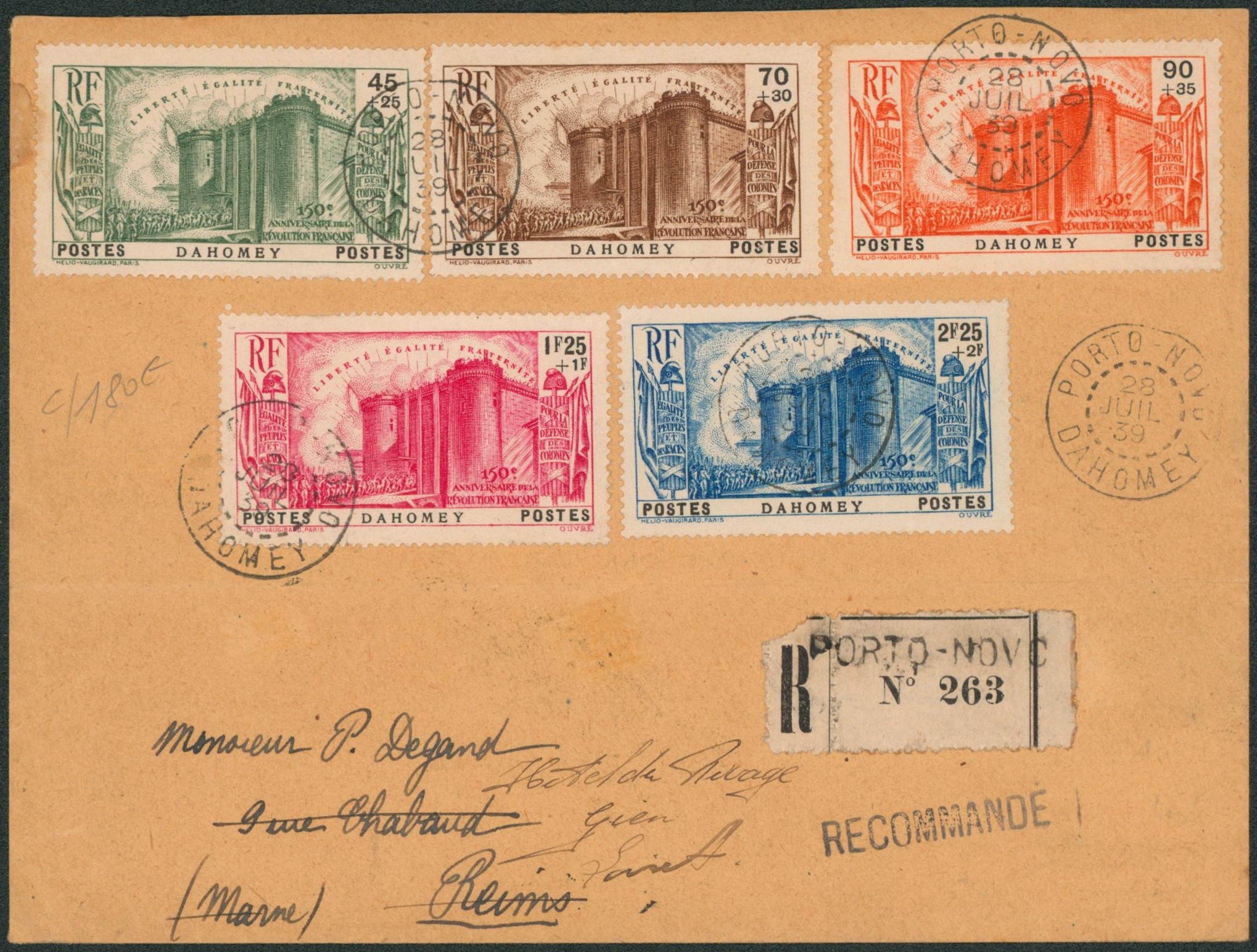Dahomey - Yv n°115/19 sur lettre en recommandé de Porto-Novo > Reims suivi Loiret. TB