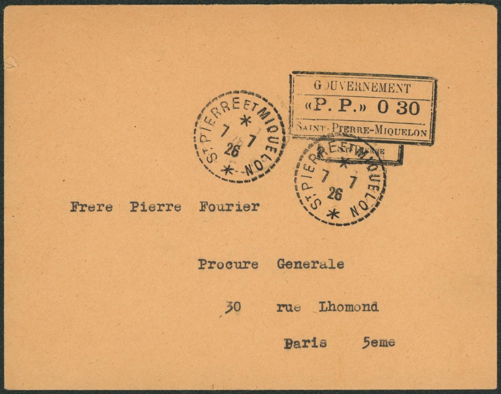 Saint-Pierre-Miquelon - Lettre + grand encadré "Gouvernement P.P. 0,3 Saint-Pierre-Miquelon" (1926) > Paris