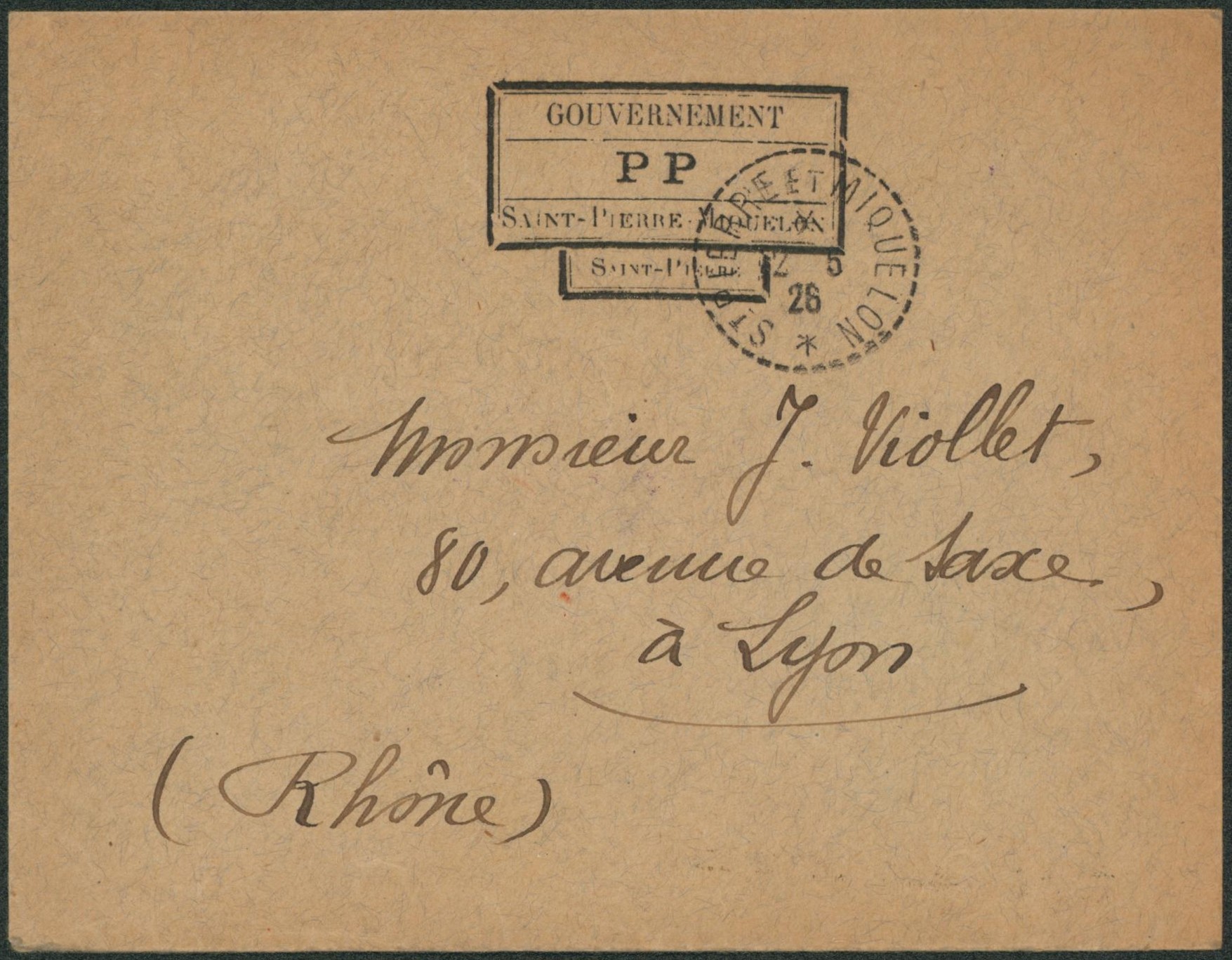 Saint-Pierre-Miquelon - Lettre + grand encadré "Gouvernement PP Saint-Pierre-Miquelon" (1926) > Lyon