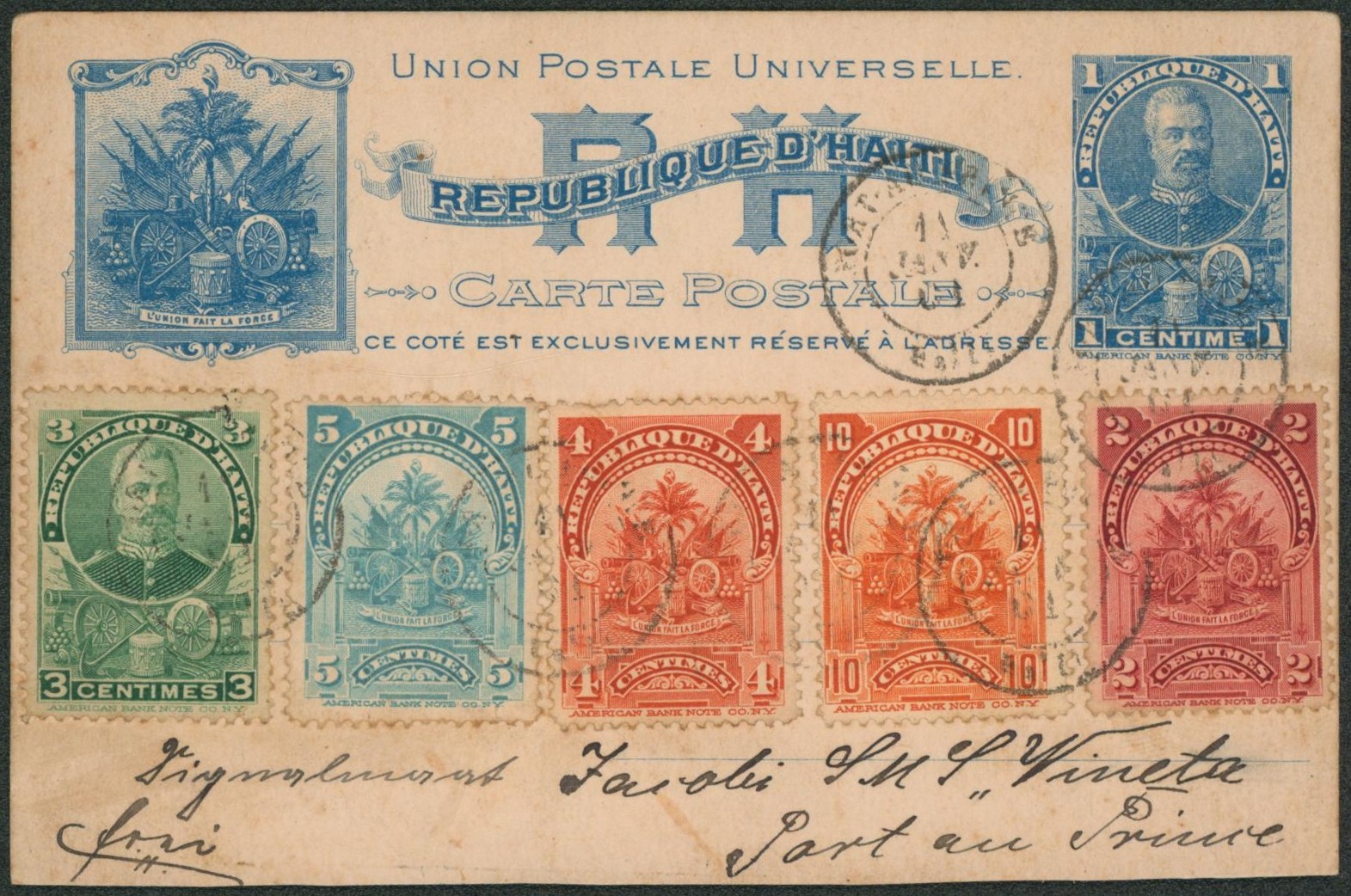 Haïti - EP au type 1ctm bleu + affranchissement coloré (cachet peu lisible) > Port au prince