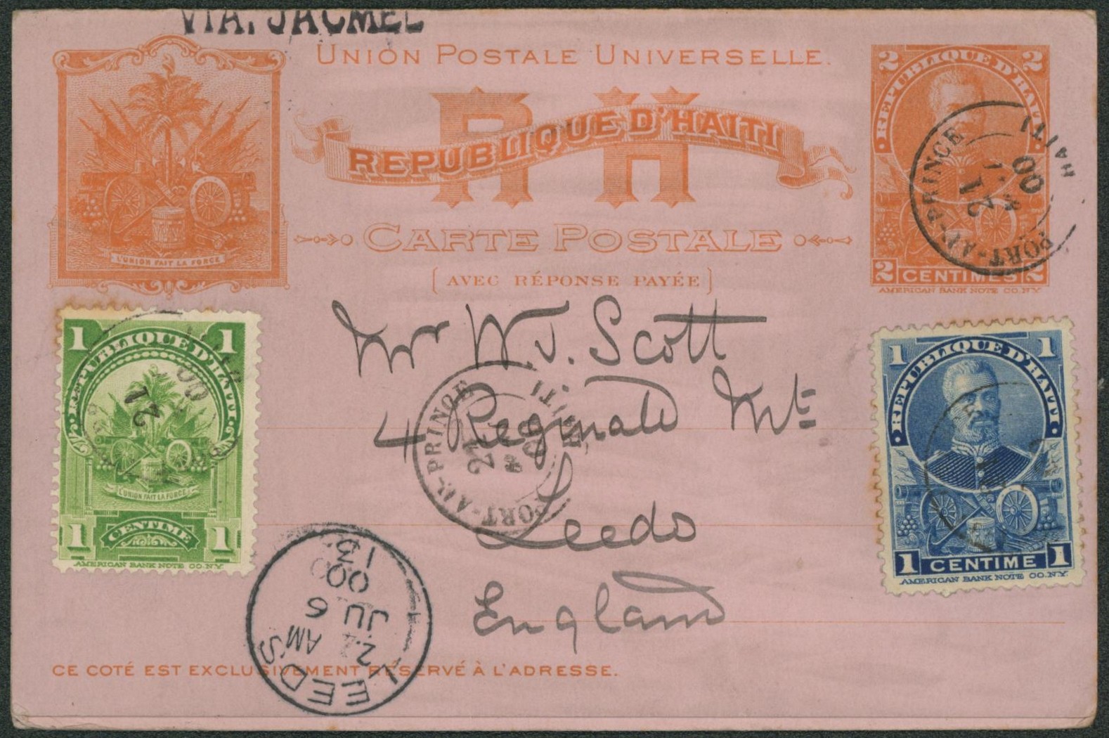 Haïti - EP au type 2ctm orange (double, réponse neuve) + affranchissement de Port au prince via Jacmel > Leeds (angleterre)