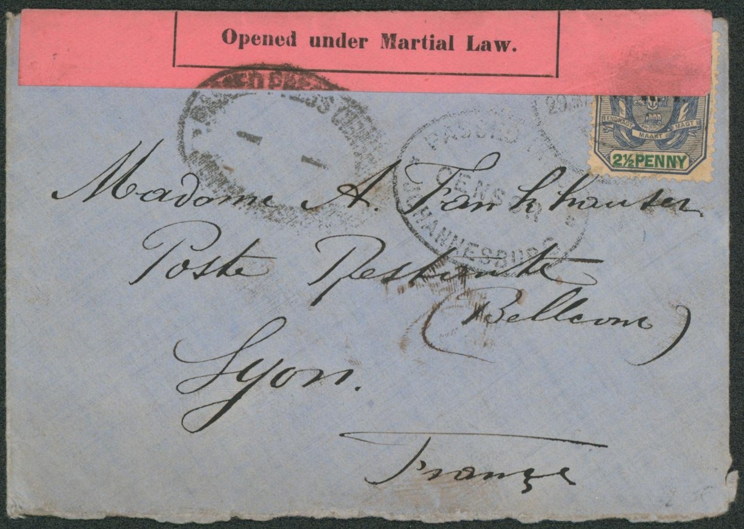 Transvaal (British occupation) - V.R.I. Yv n°127 sur lettre de Johannesburg + bandelette "openend under martial law" > Lyon (France)