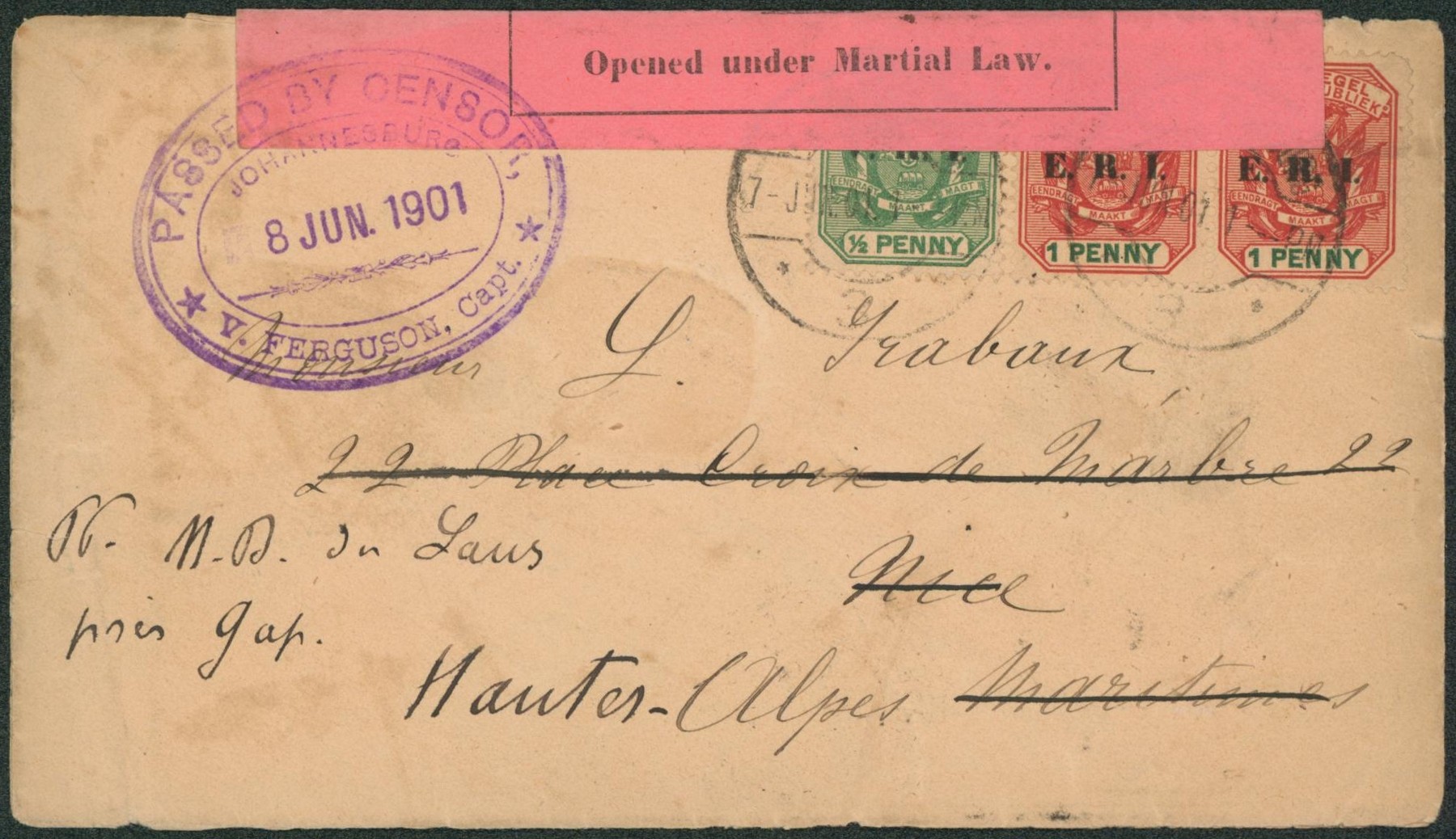 Transvaal (British occupation) - E.R.I. Yv n°137 et 138 x2 sur lettre expédié de Johannesburg + bandelette "opened under martial law" > Nice, redirigé (France).