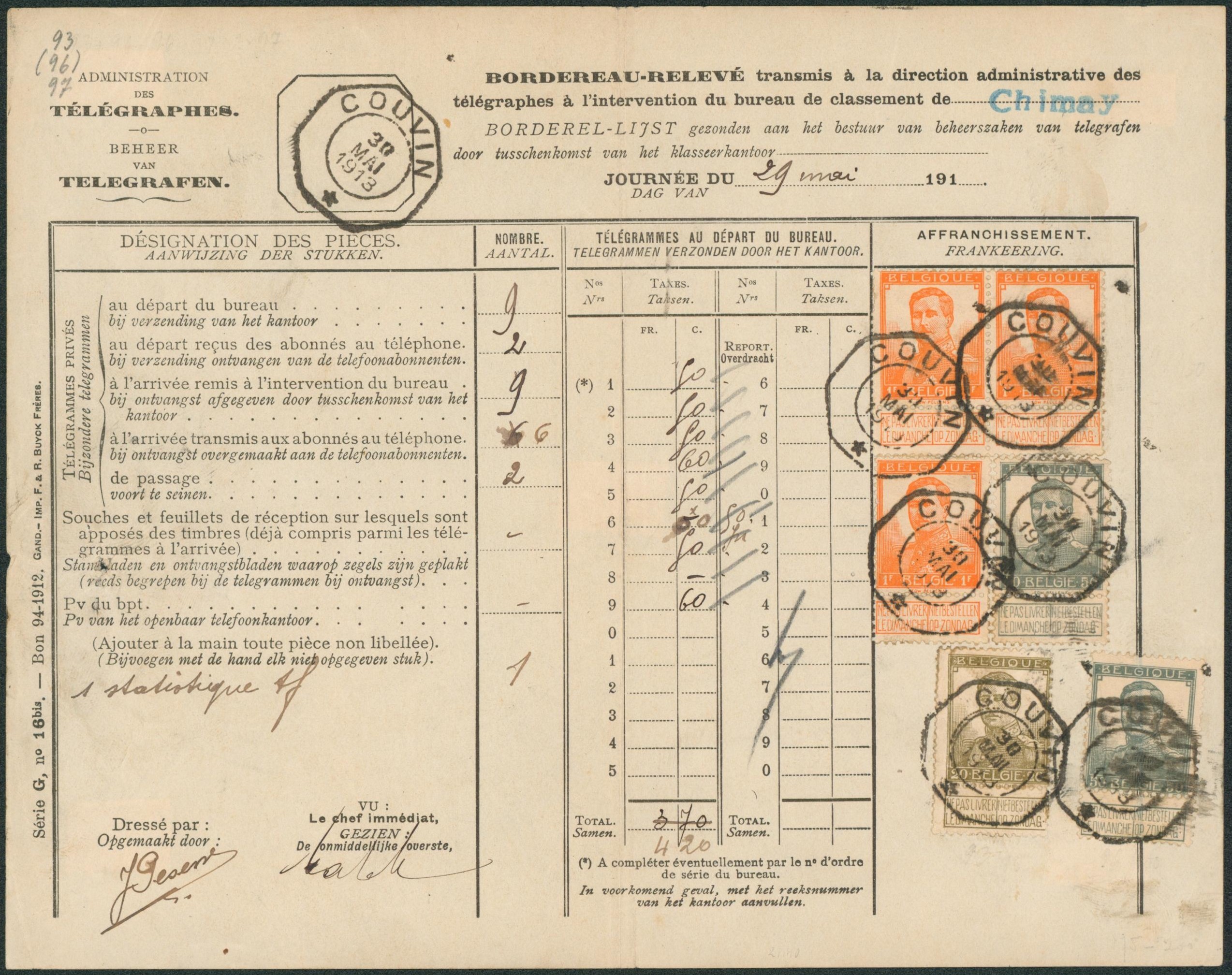 Administration des télégraphes (bordereau-relevé) série G n°16 Bis n°112, 115 x2, 116 x3 obl télégraphique COUVAIN (total 4F20) transmis à Chimay ! RR.