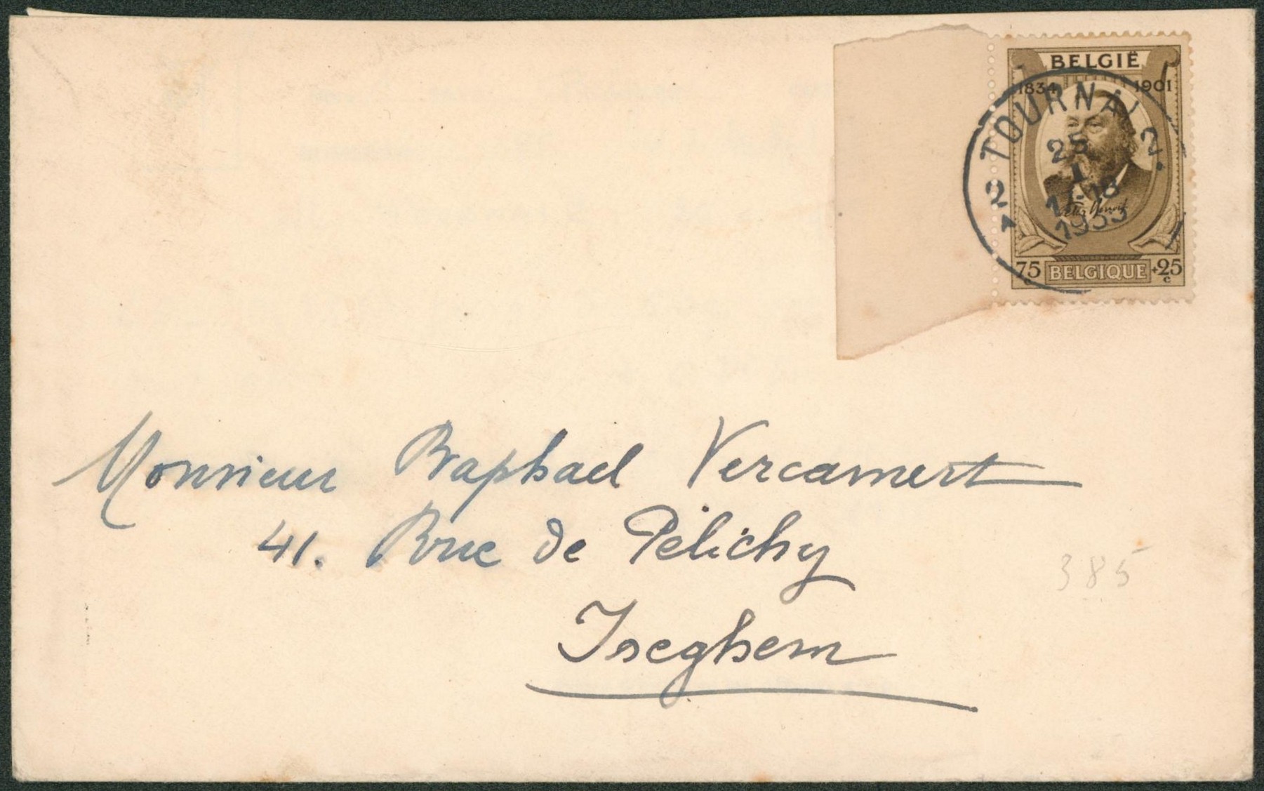 Peter Benoit sur lettre obl S.C. "Tournai" > Iseghem
