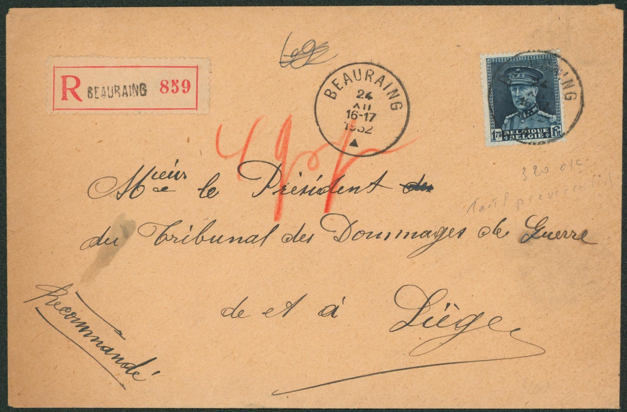 Képi - n°320 sur lettre en recommandé de Beauraing > Liège