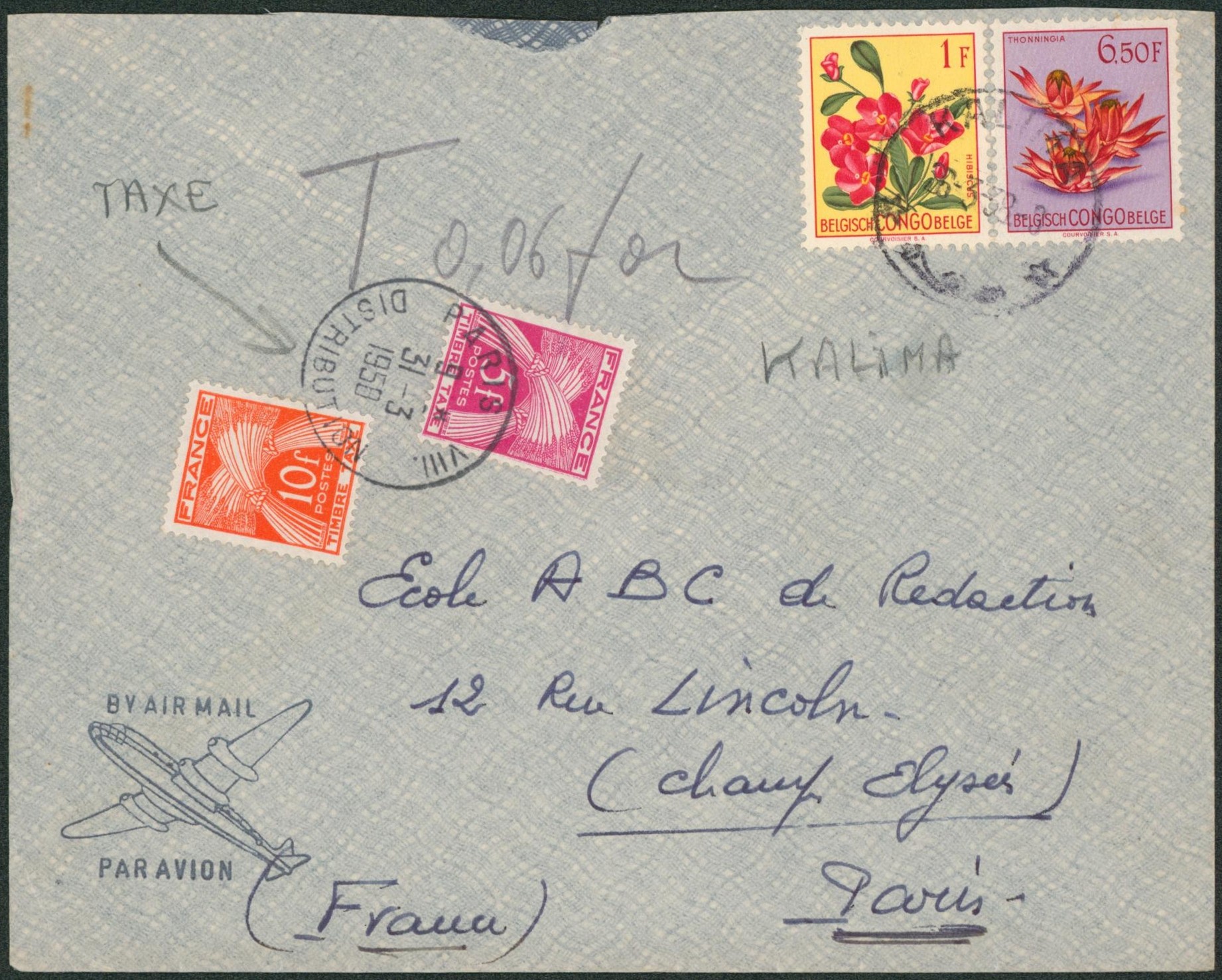 Congo Belge - Fleurs : affranch. À 7F50 sur lettre par avion de Kalina > Paris, taxé à 15F !